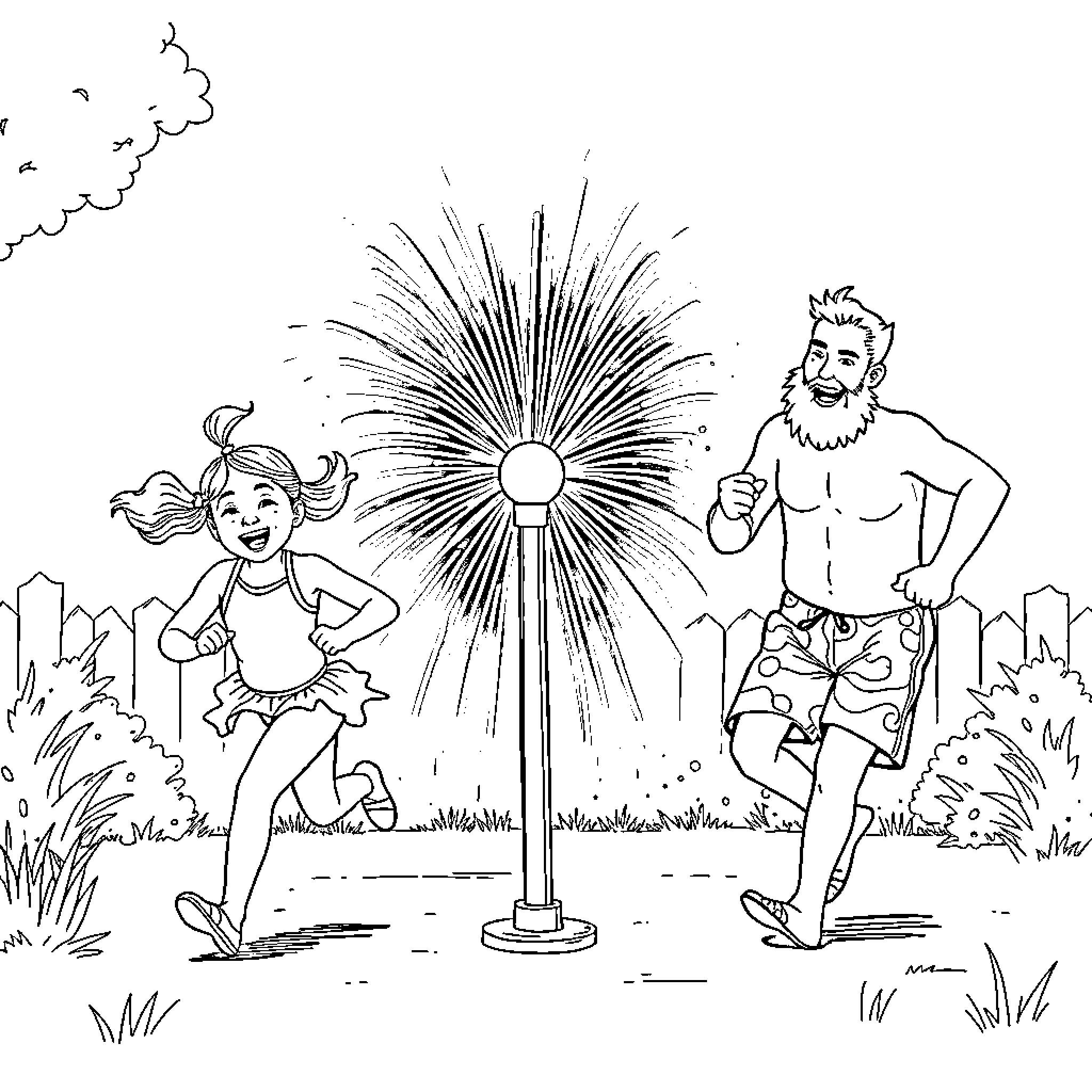 Girl and man dancing and celebrating near fireworks Coloring Page (free black-and-white line drawing printable PDF for all, from beginners to advanced learners, including children, teens, adults, and seniors)