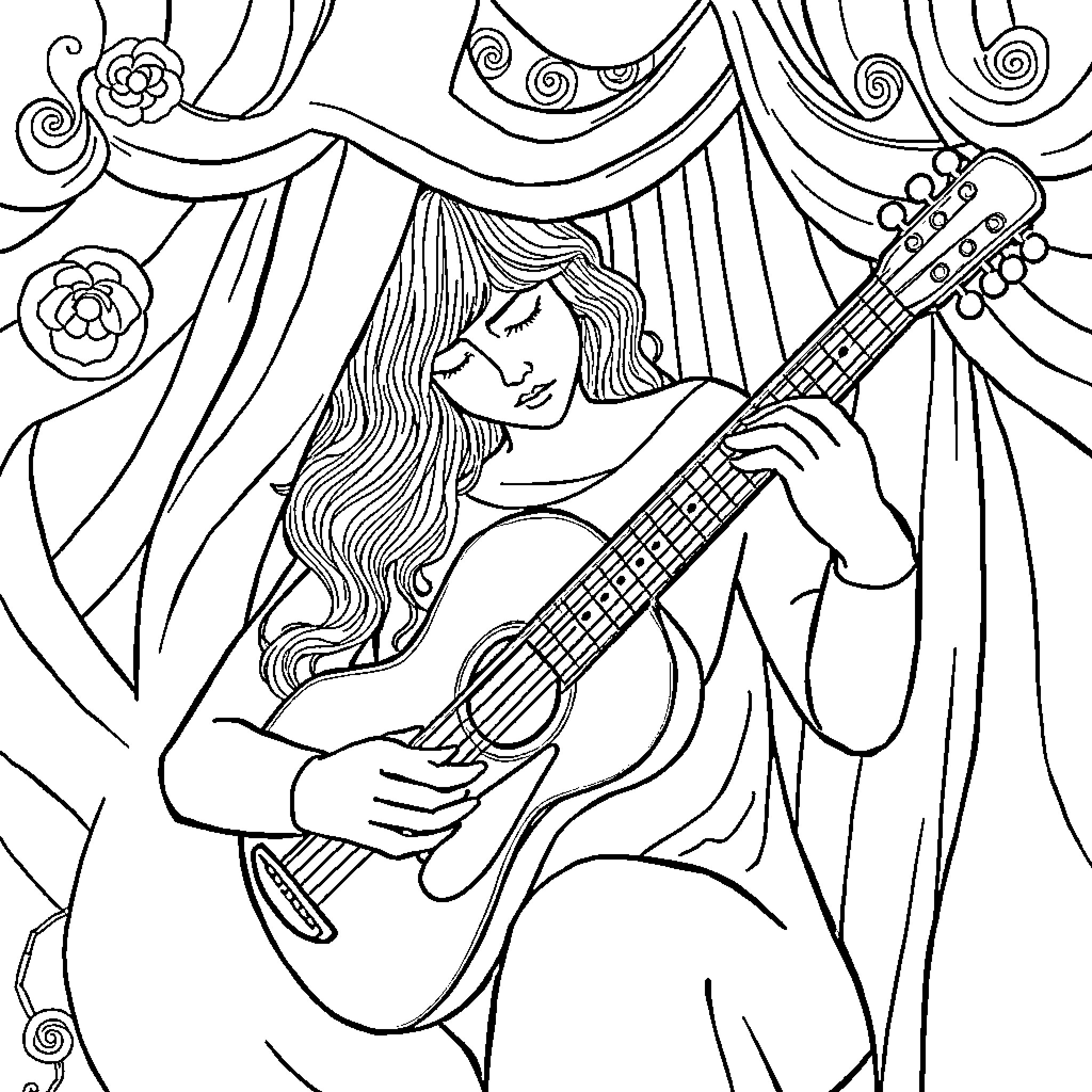 Mezzo Piano Musician Performing on Stage Coloring Page (free black-and-white line drawing printable PDF for all, from beginners to advanced learners, including children, teens, adults, and seniors)