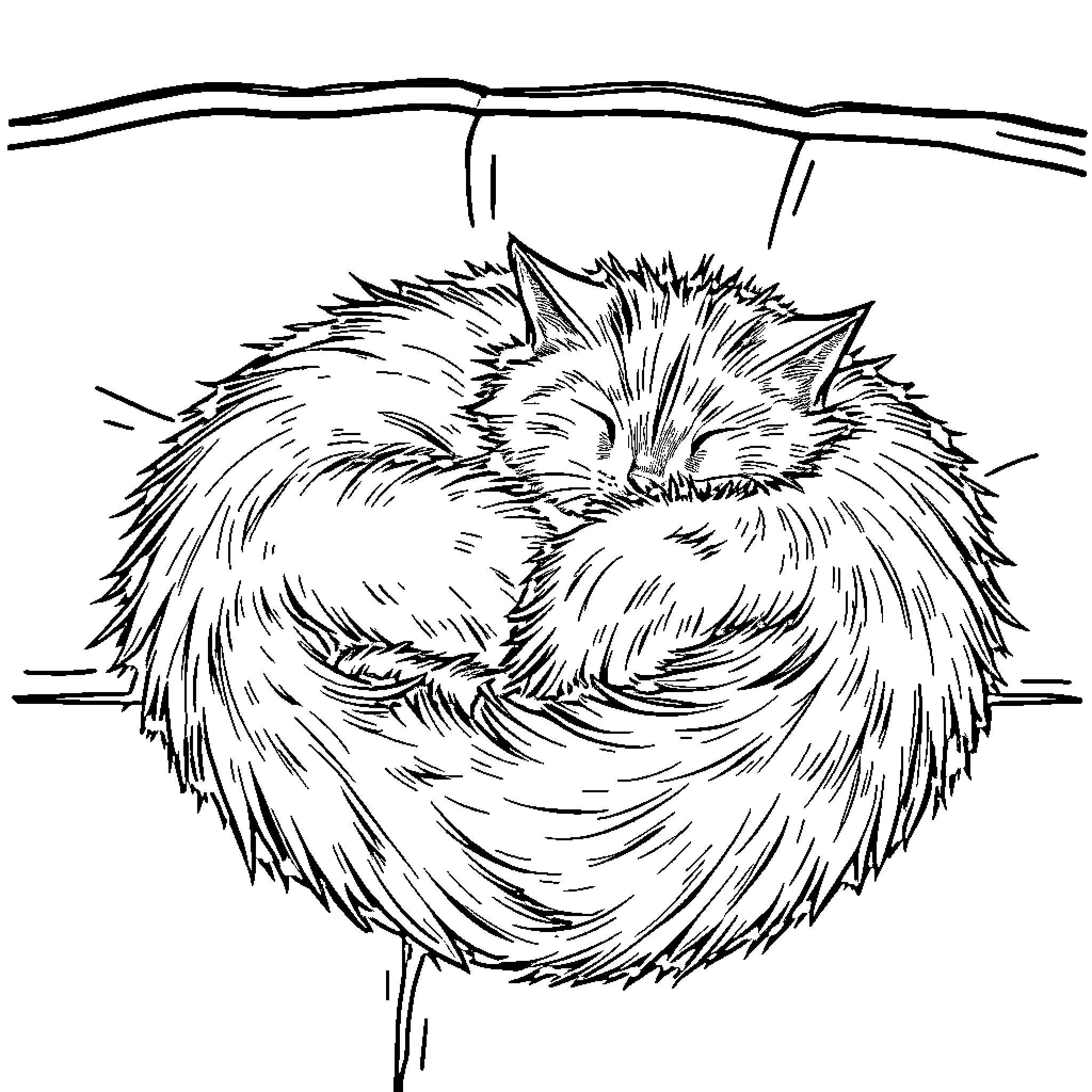 Cat curled up in a cozy nest Coloring Page (free black-and-white line drawing printable PDF for all, from beginners to advanced learners, including children, teens, adults, and seniors)