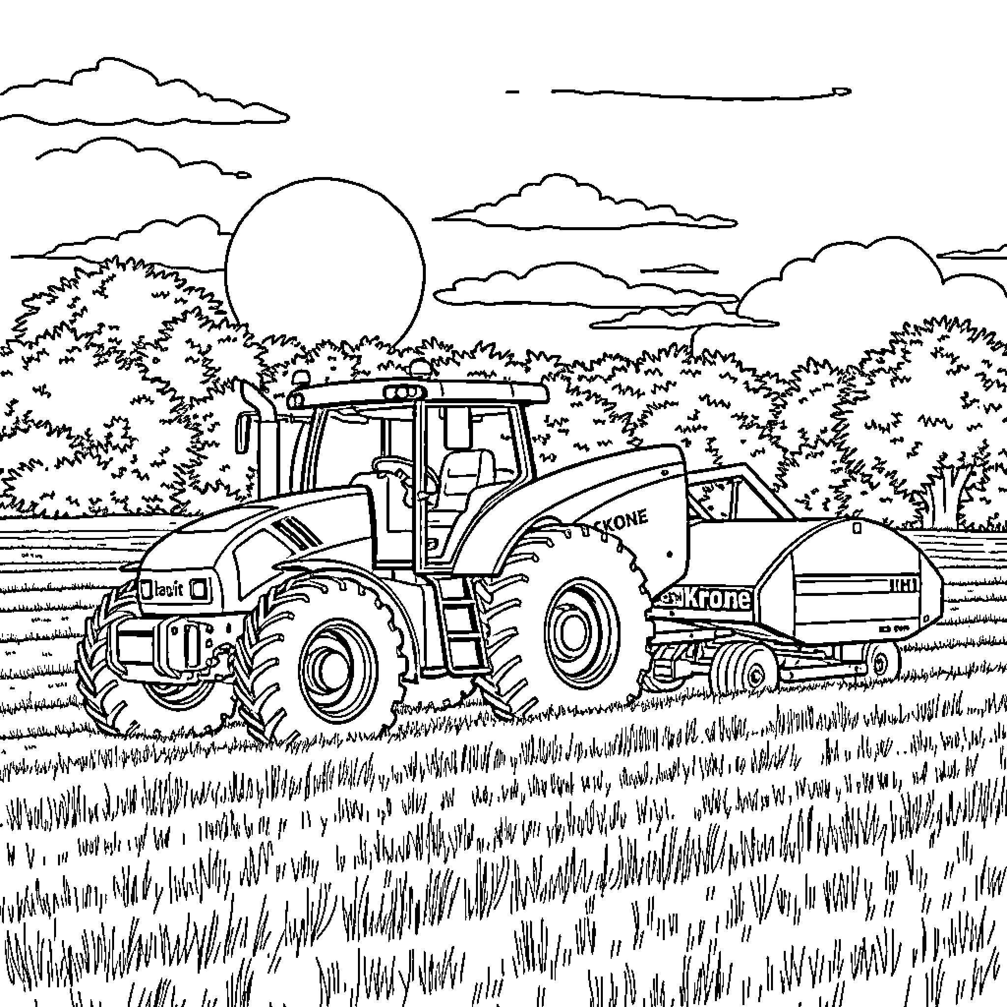 Tractor plowing through lush countryside landscape Coloring Page (free black-and-white line drawing printable PDF for all, from beginners to advanced learners, including children, teens, adults, and seniors)