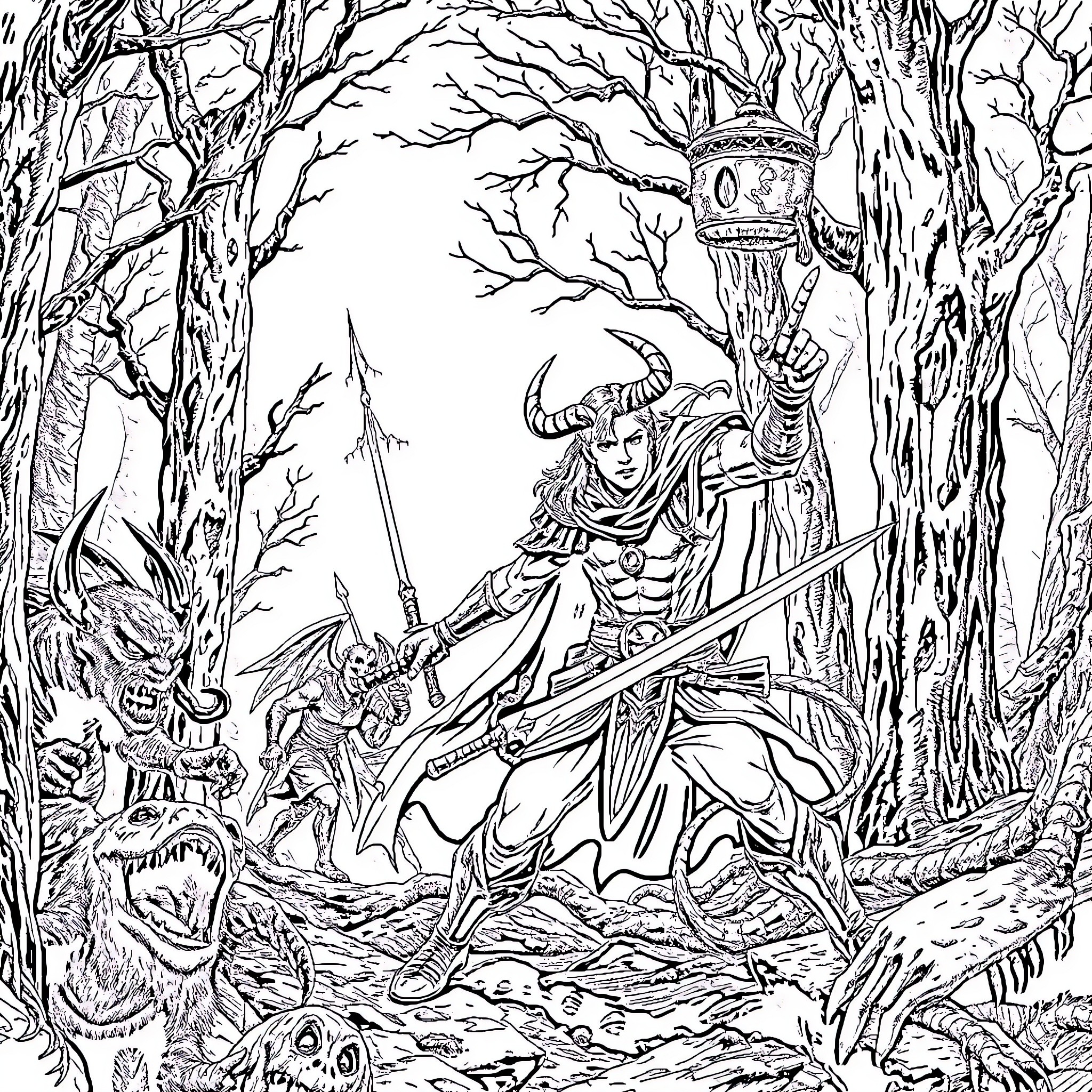 Demon Slayer Warrior Battling Monsters in Dark Forest Coloring Page (free black-and-white line drawing printable PDF for all, from beginners to advanced learners, including children, teens, adults, and seniors)