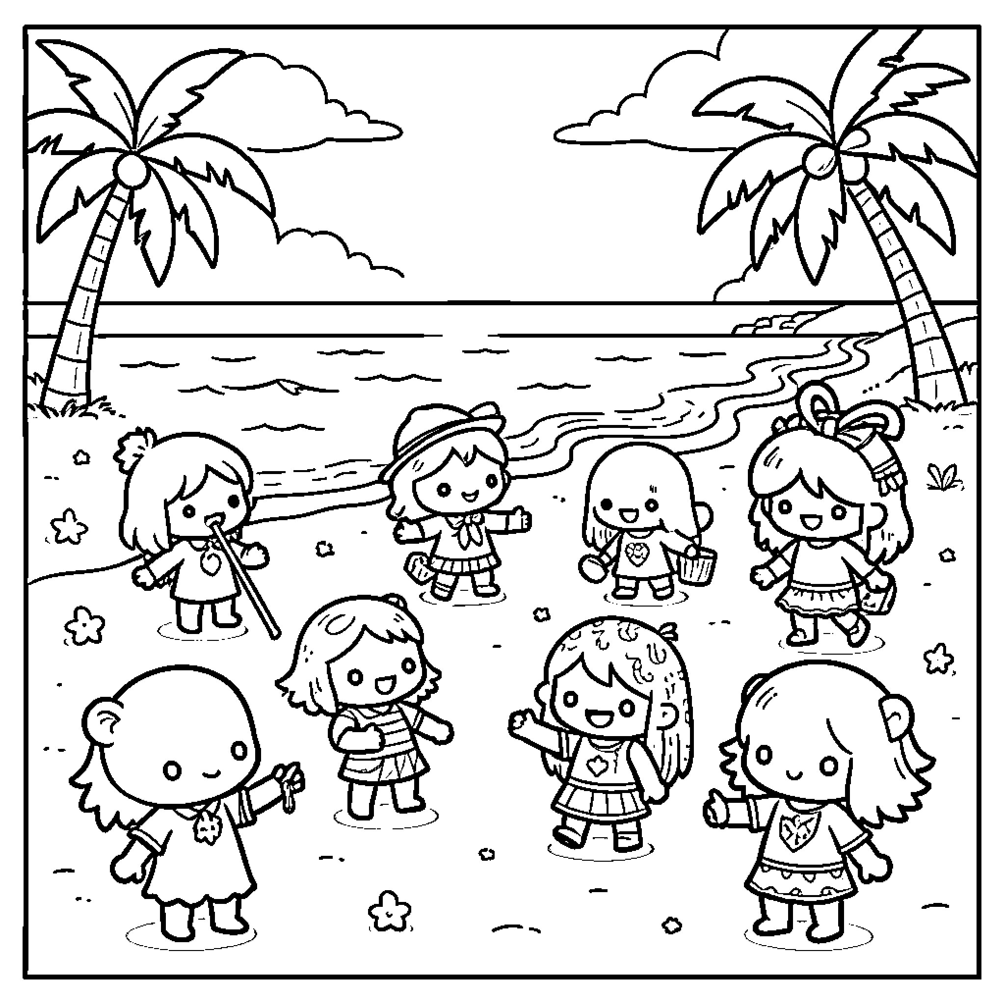 Tokidoki characters playing happily on a sunny beach Coloring Page (free black-and-white line drawing printable PDF for all, from beginners to advanced learners, including children, teens, adults, and seniors)