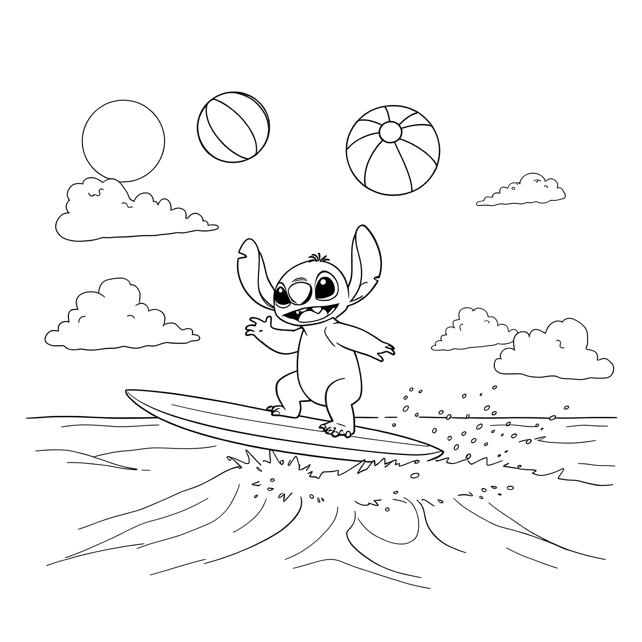 Stitch surfing happily on the beach Coloring Page (free black-and-white line drawing printable PDF for all, from beginners to advanced learners, including children, teens, adults, and seniors)