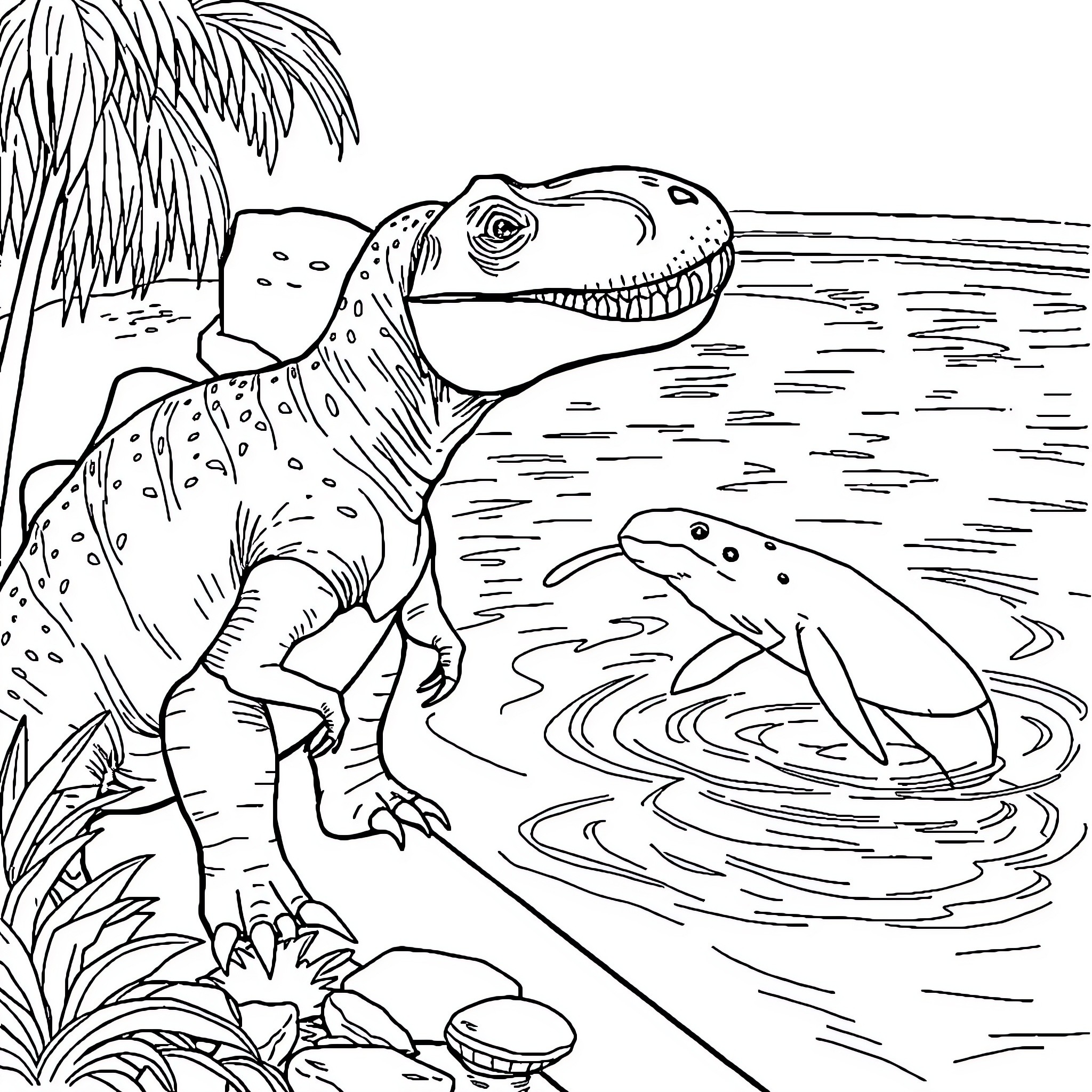Tyrannosaurus hunting in the prehistoric swamp Coloring Page (free black-and-white line drawing printable PDF for all, from beginners to advanced learners, including children, teens, adults, and seniors)
