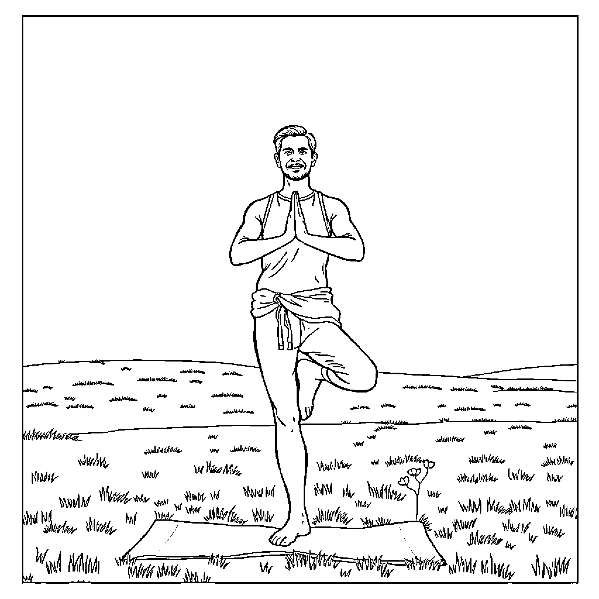 Yoga Teacher in serene outdoor pose Coloring Page (free black-and-white line drawing printable PDF for all, from beginners to advanced learners, including children, teens, adults, and seniors)