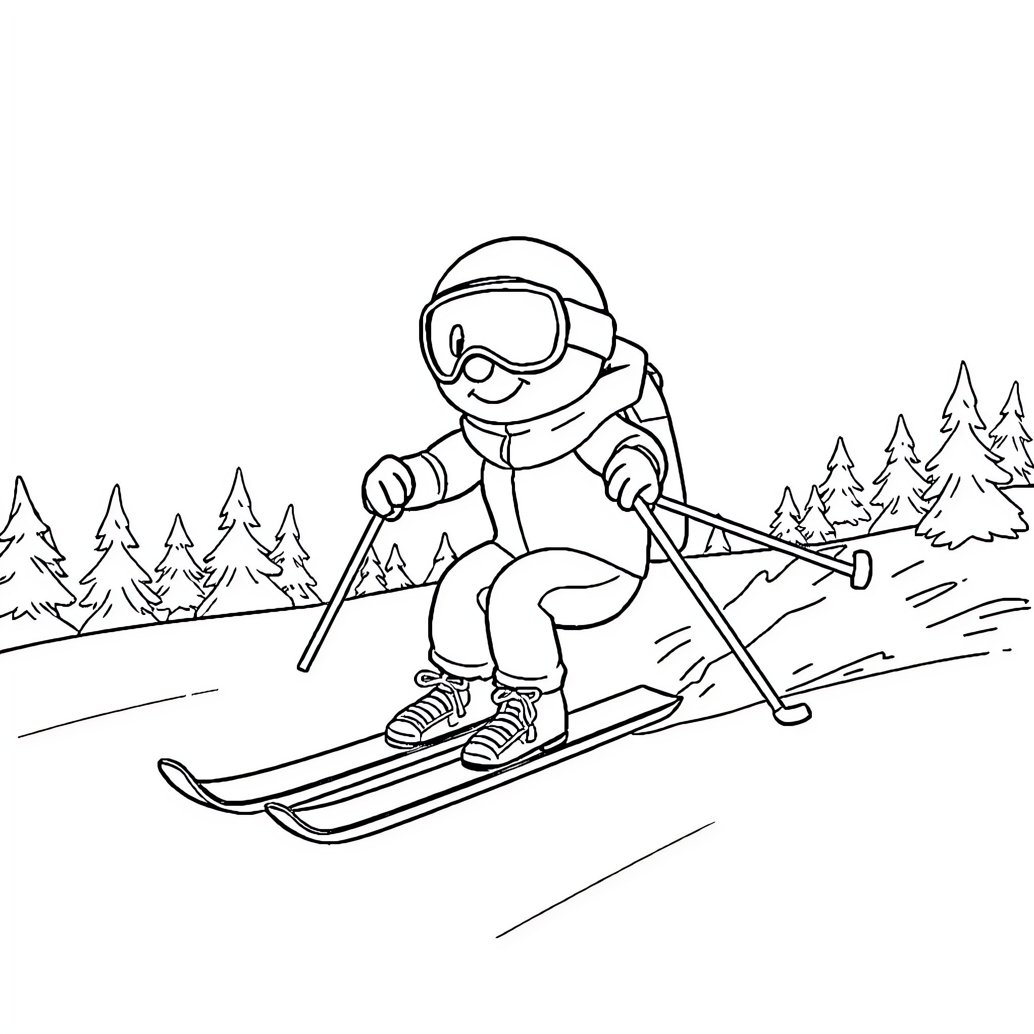 Paw Patrol Pup Skiing Down the Slopes Coloring Page (free black-and-white line drawing printable PDF for all, from beginners to advanced learners, including children, teens, adults, and seniors)