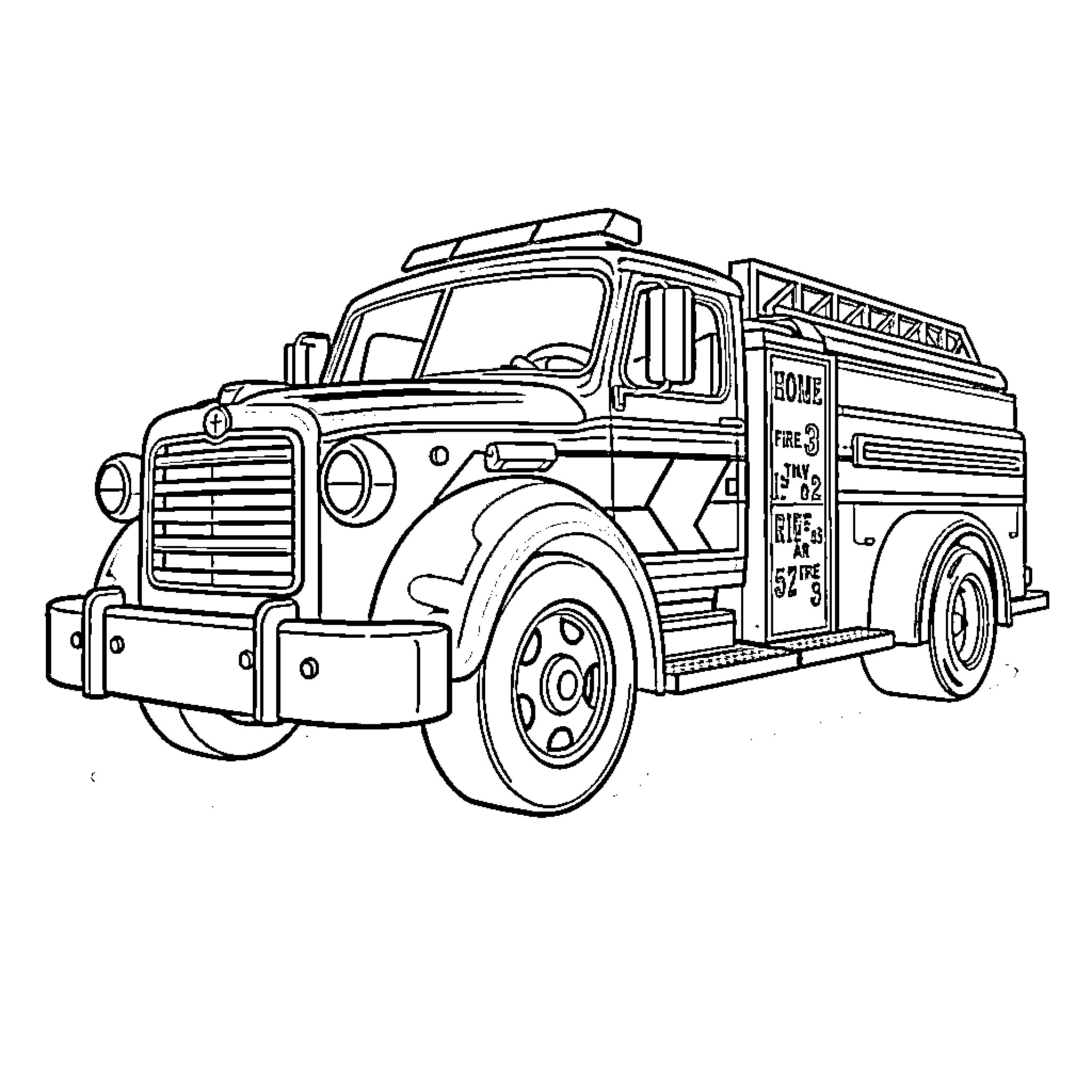 Fire Truck Responding to Emergency Call Coloring Page (free black-and-white line drawing printable PDF for all, from beginners to advanced learners, including children, teens, adults, and seniors)