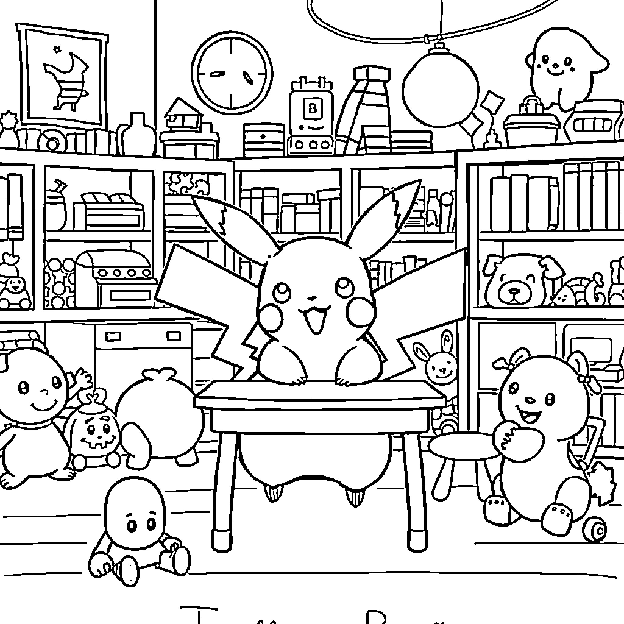 Pikachu and friends in a cozy playroom Coloring Page (free black-and-white line drawing printable PDF for all, from beginners to advanced learners, including children, teens, adults, and seniors)
