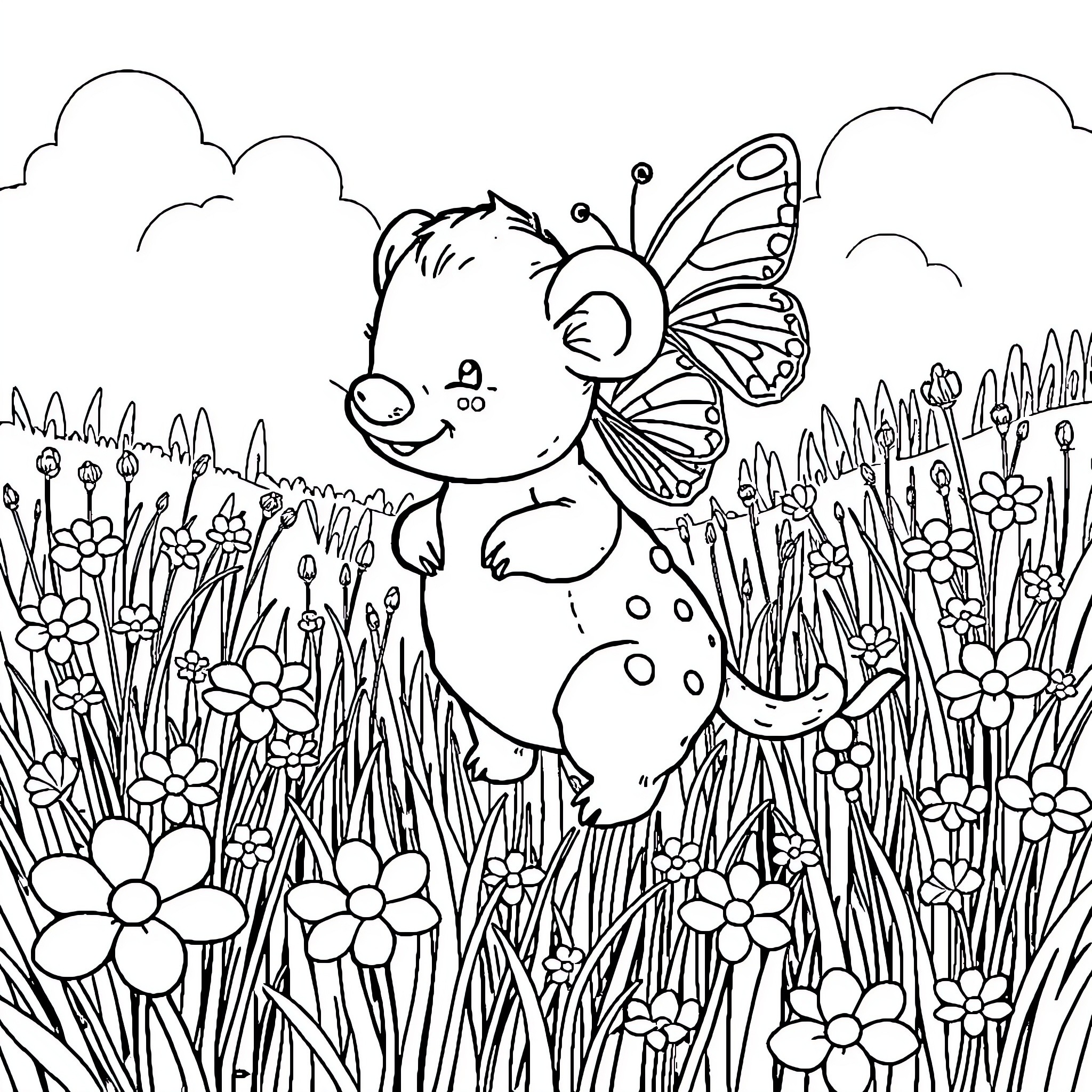 Sheep-like creature explores flower-filled meadow Coloring Page (free black-and-white line drawing printable PDF for all, from beginners to advanced learners, including children, teens, adults, and seniors)