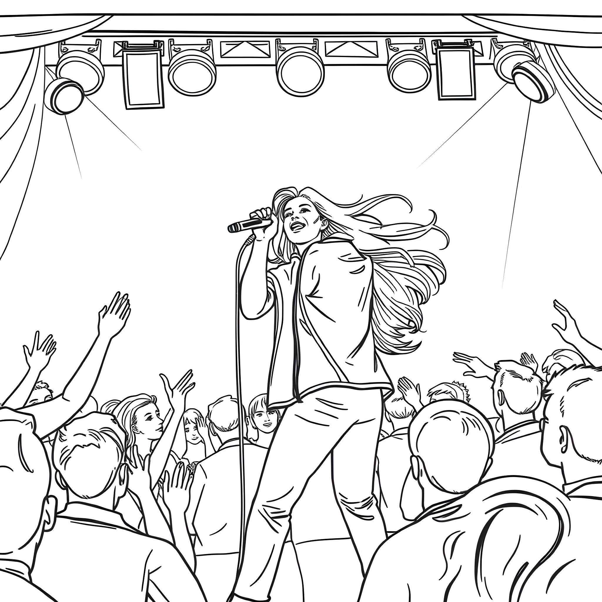Taylor Swift performing on stage with enthusiastic audience Coloring Page (free black-and-white line drawing printable PDF for all, from beginners to advanced learners, including children, teens, adults, and seniors)