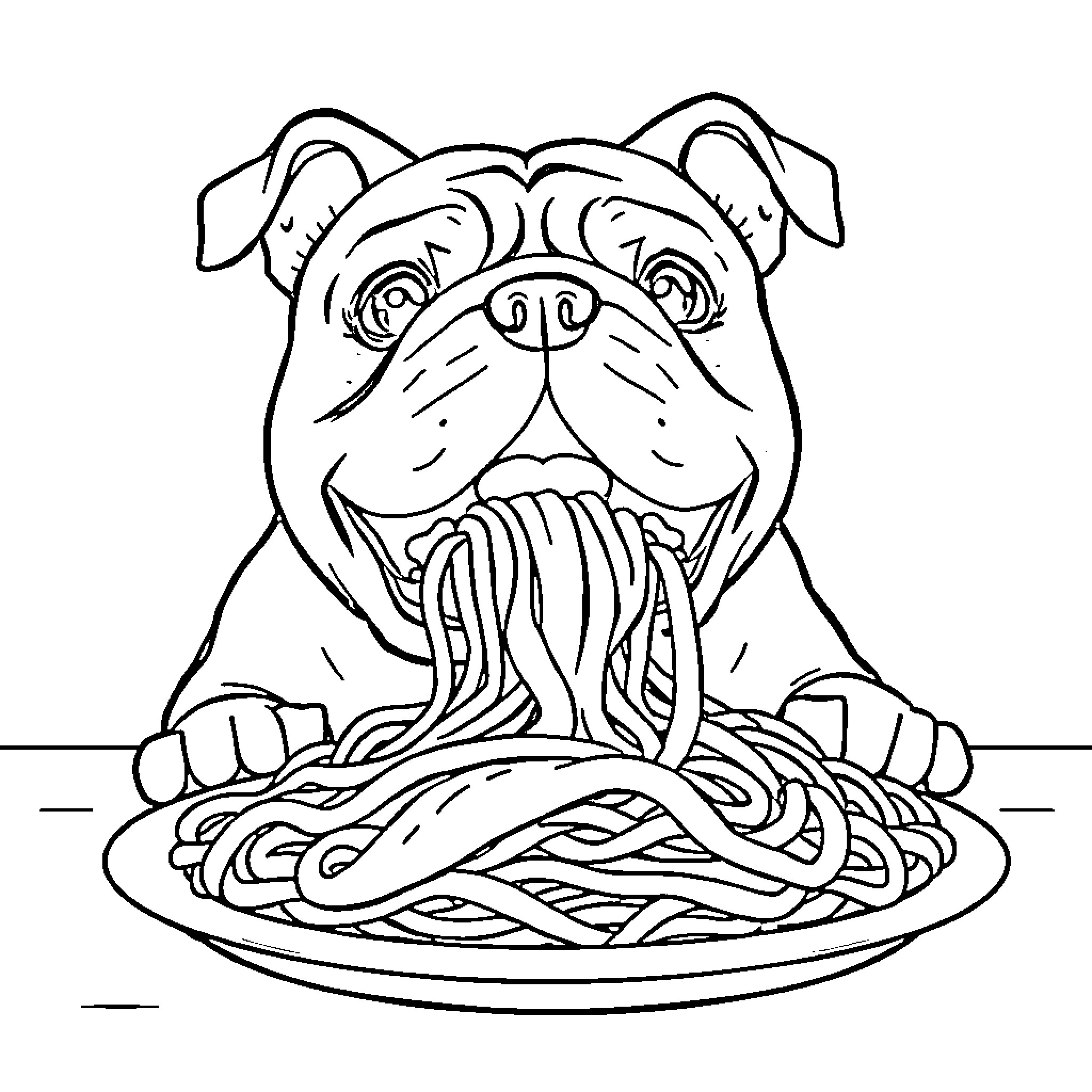 Bulldog Enjoying a Plate of Spaghetti Coloring Page (free black-and-white line drawing printable PDF for all, from beginners to advanced learners, including children, teens, adults, and seniors)