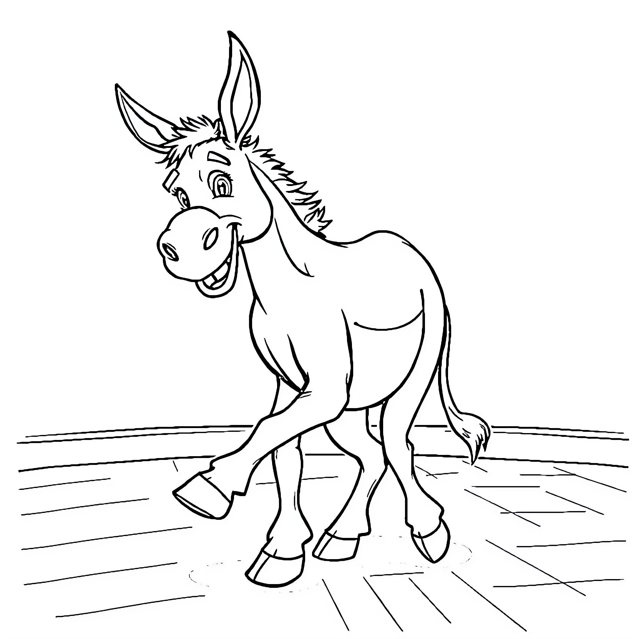 Donkey walking happily along the road Coloring Page (free black-and-white line drawing printable PDF for all, from beginners to advanced learners, including children, teens, adults, and seniors)