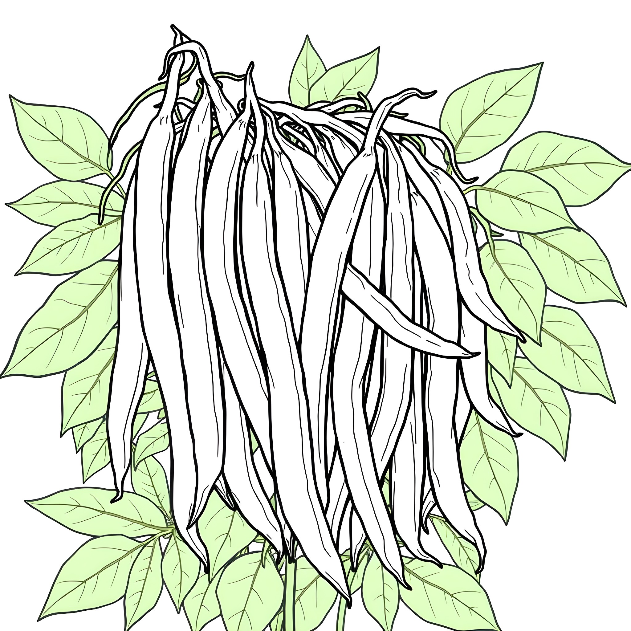 Yardlong Bean Veggies Enveloped in Leafy Greens Coloring Page (free black-and-white line drawing printable PDF for all, from beginners to advanced learners, including children, teens, adults, and seniors)