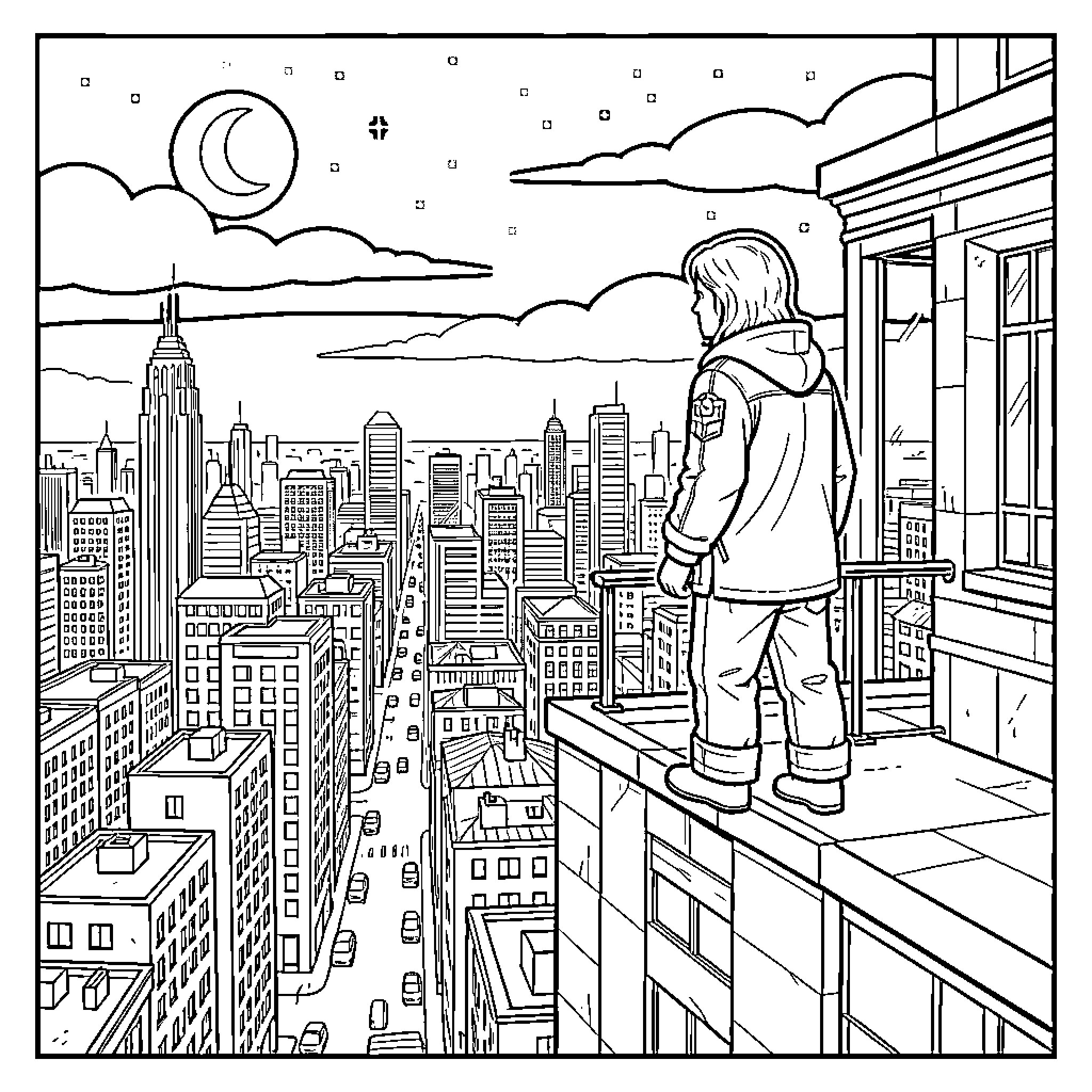 Shahardagi person standing on a balcony overlooking the cityscape Coloring Page (free black-and-white line drawing printable PDF for all, from beginners to advanced learners, including children, teens, adults, and seniors)