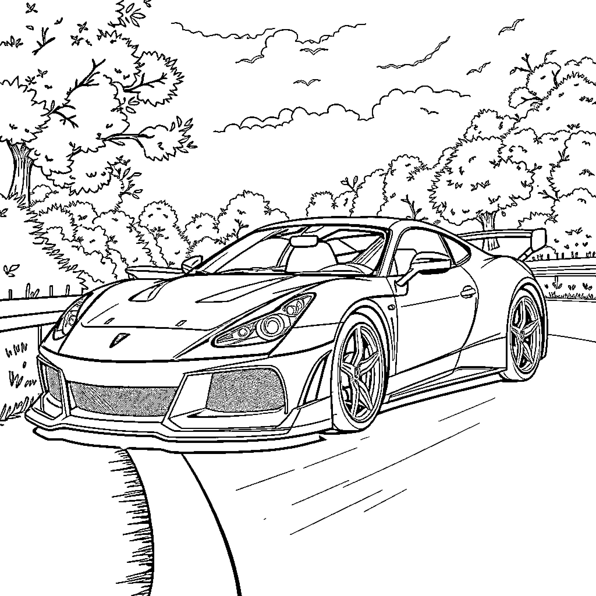 Car racing along winding road with trees and clouds Coloring Page (free black-and-white line drawing printable PDF for all, from beginners to advanced learners, including children, teens, adults, and seniors)