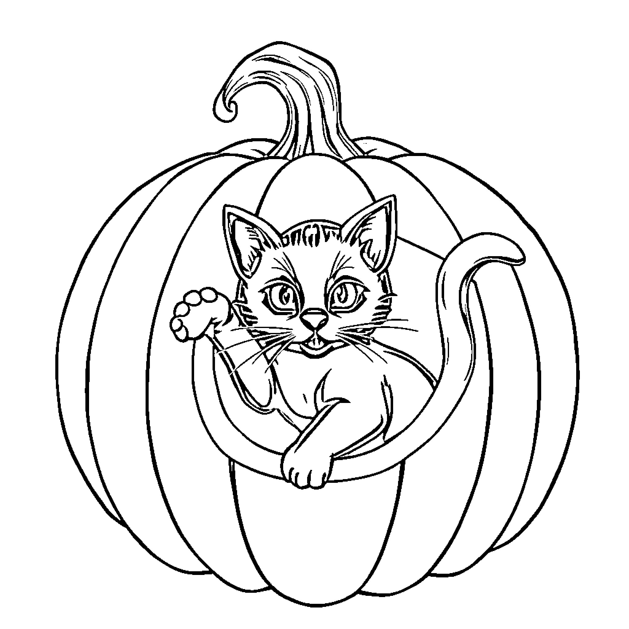 Pumpkin with curious kitten Coloring Page (free black-and-white line drawing printable PDF for all, from beginners to advanced learners, including children, teens, adults, and seniors)