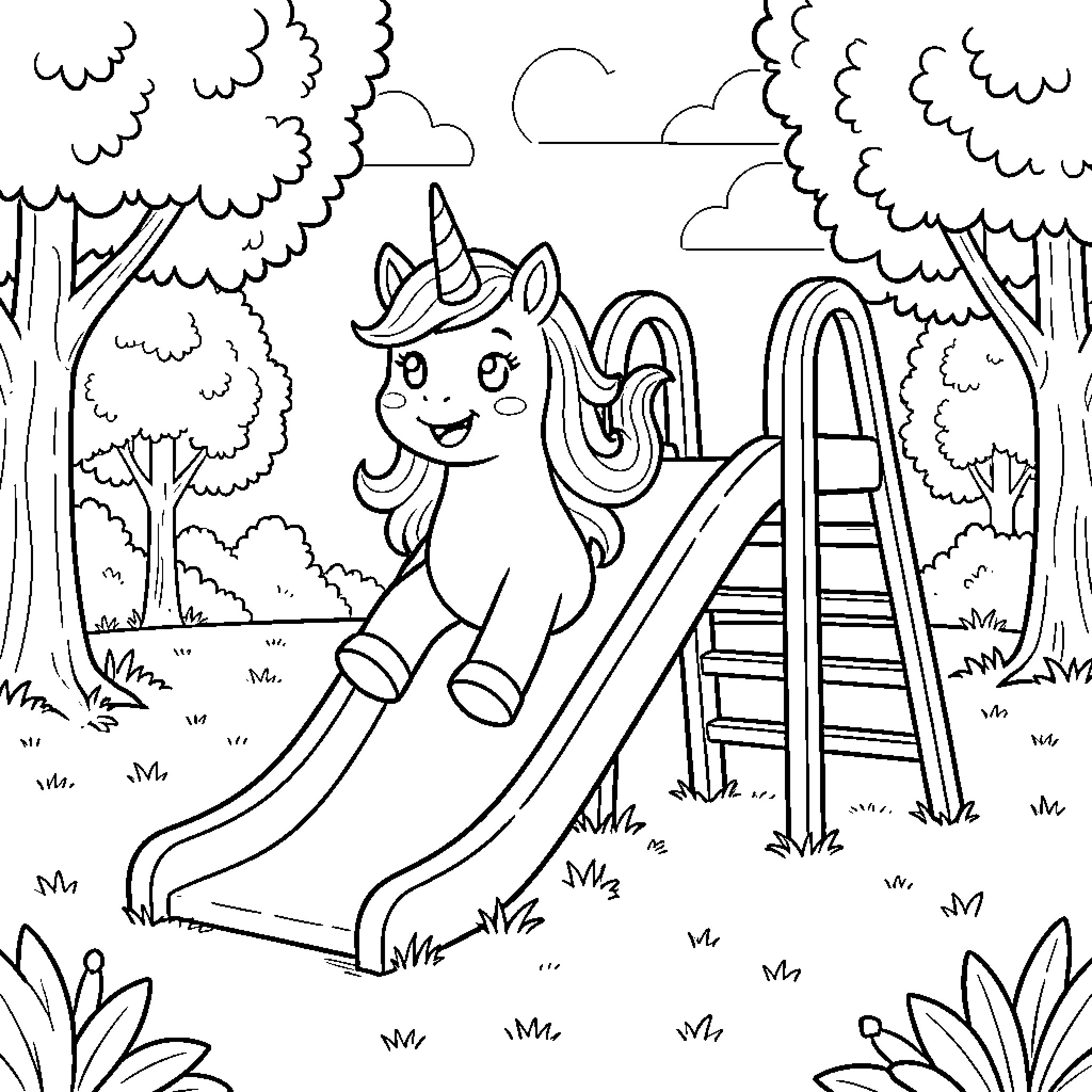 Unicorn sliding down a slide in a park Coloring Page (free black-and-white line drawing printable PDF for all, from beginners to advanced learners, including children, teens, adults, and seniors)