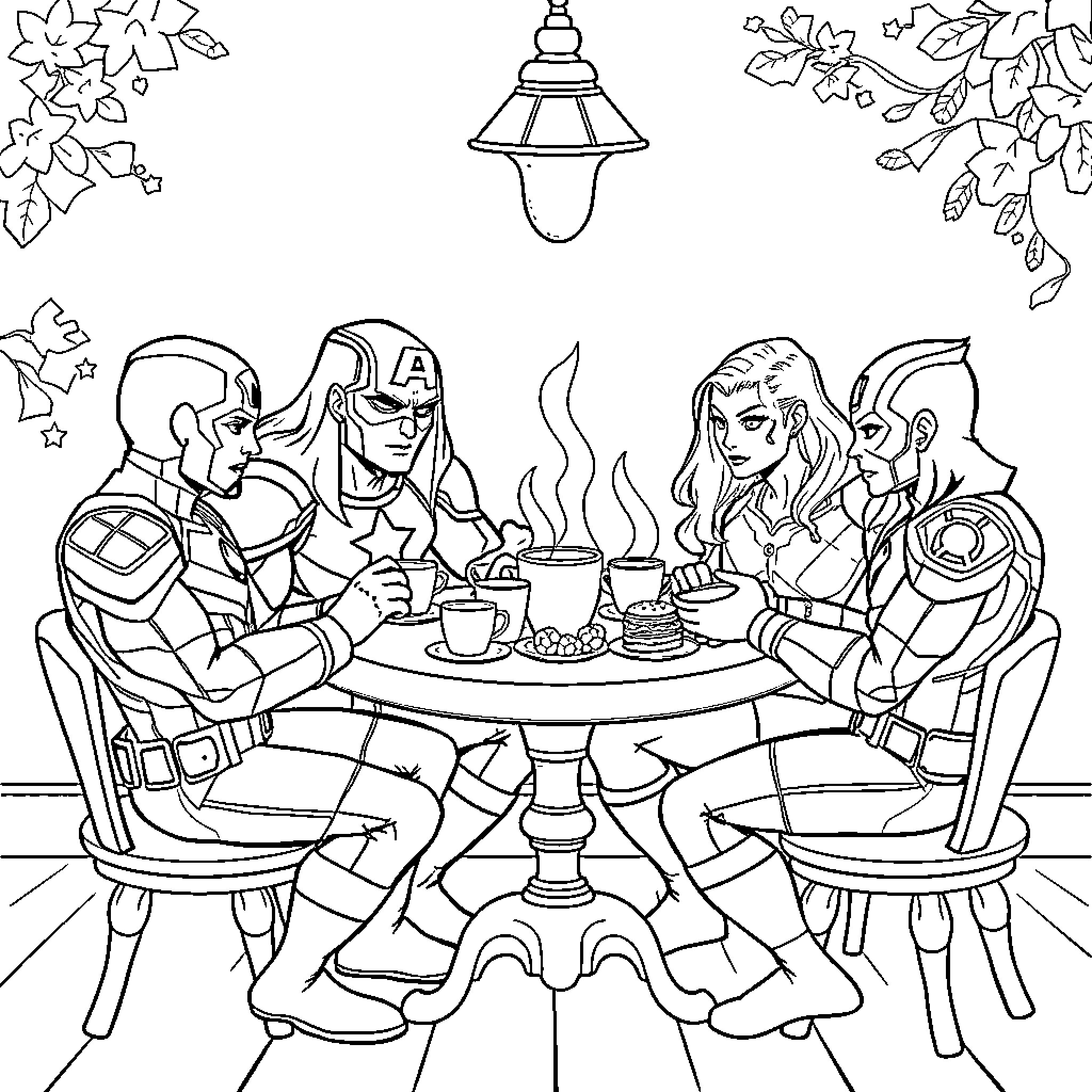 Avengers Enjoying a Cozy Gathering Coloring Page (free black-and-white line drawing printable PDF for all, from beginners to advanced learners, including children, teens, adults, and seniors)