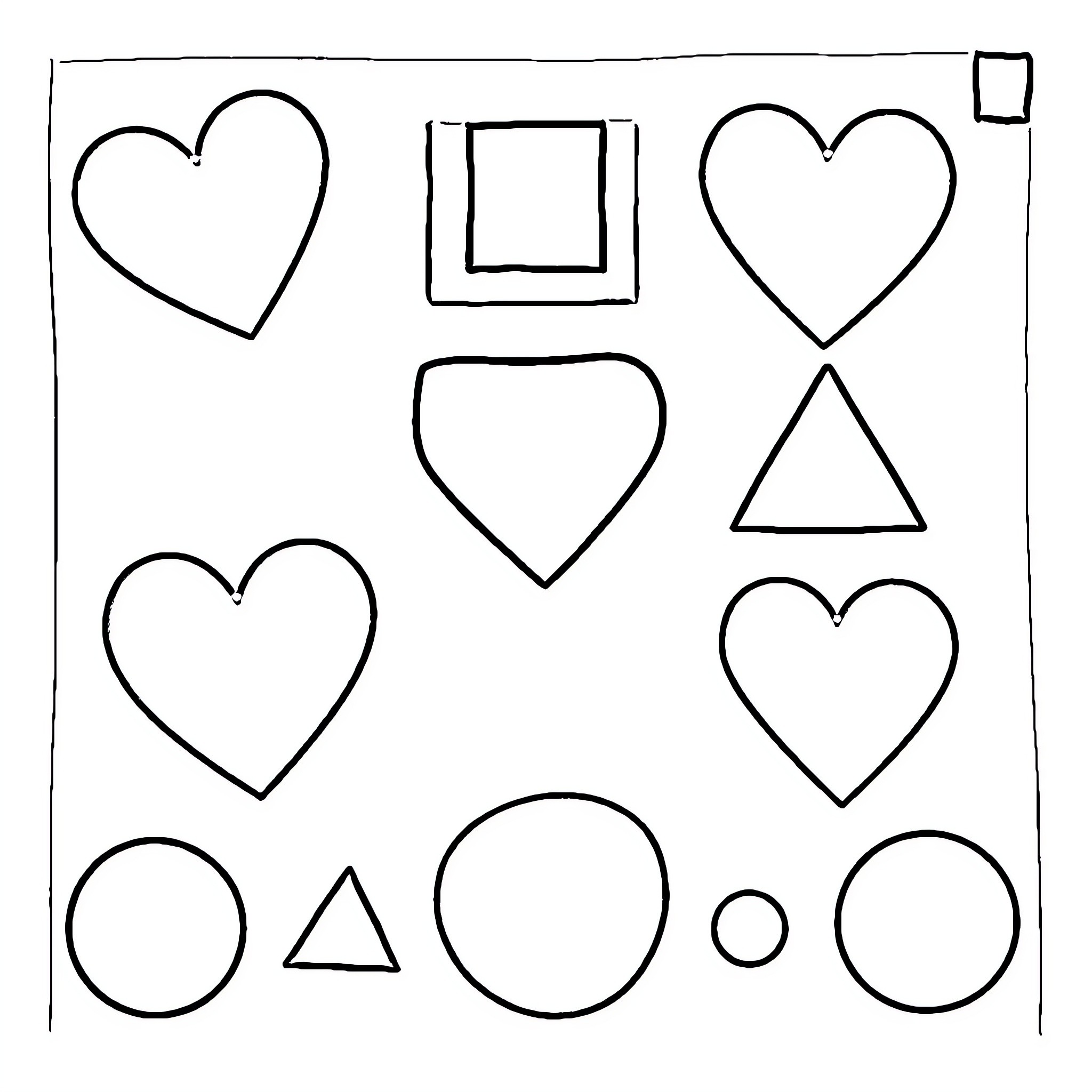 Shape-filled design with hearts and geometric patterns Coloring Page (free black-and-white line drawing printable PDF for all, from beginners to advanced learners, including children, teens, adults, and seniors)