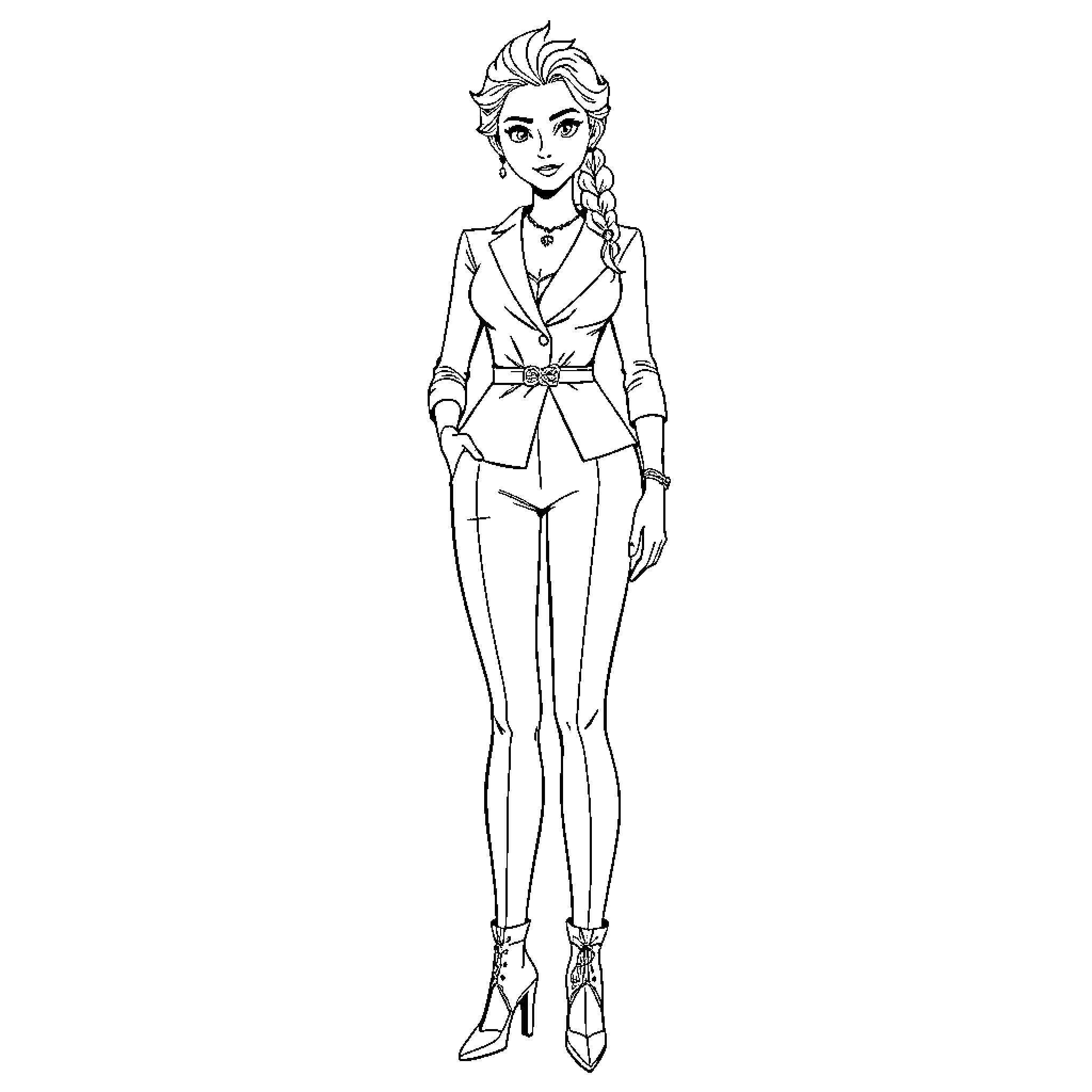 Elsa in formal attire with braided hairstyle Coloring Page (free black-and-white line drawing printable PDF for all, from beginners to advanced learners, including children, teens, adults, and seniors)