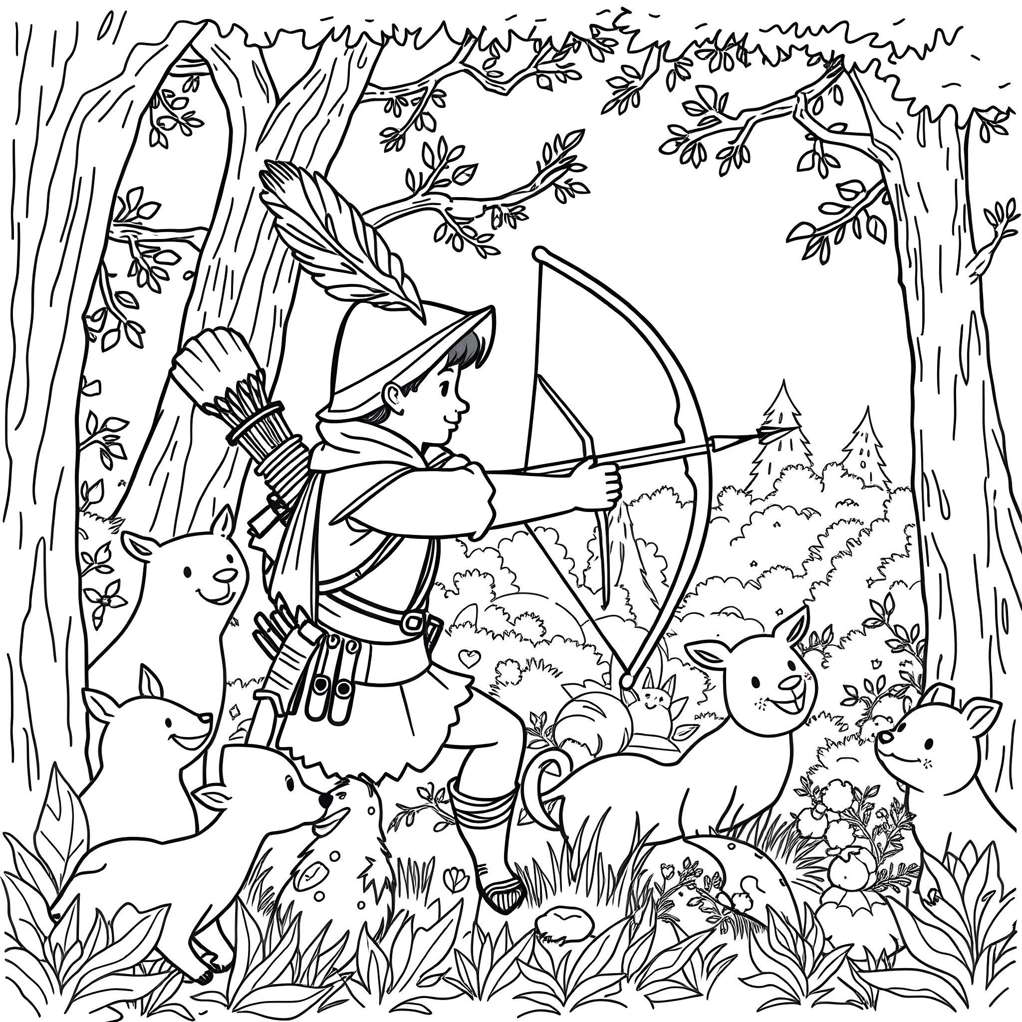 Robin Hood practicing archery in the enchanted forest Coloring Page (free black-and-white line drawing printable PDF for all, from beginners to advanced learners, including children, teens, adults, and seniors)