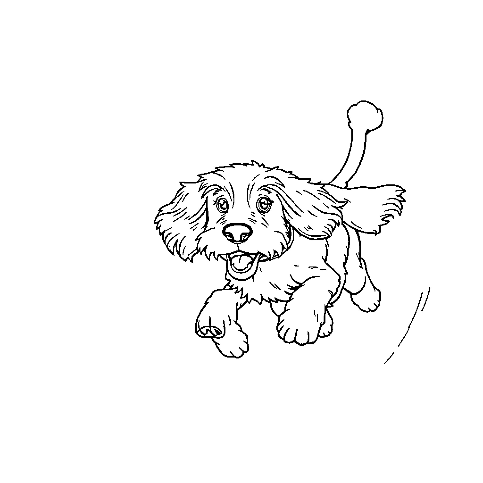 Cocker Spaniel Puppy Playfully Romping Coloring Page (free black-and-white line drawing printable PDF for all, from beginners to advanced learners, including children, teens, adults, and seniors)