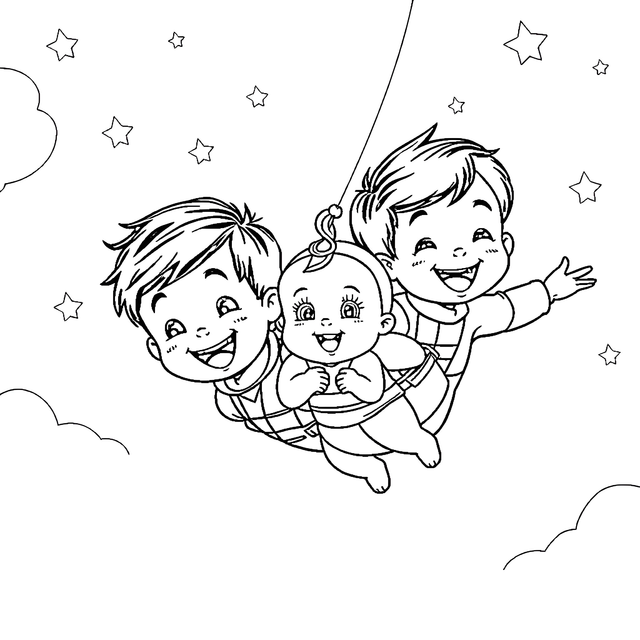 Rocket launch of happy children in space Coloring Page (free black-and-white line drawing printable PDF for all, from beginners to advanced learners, including children, teens, adults, and seniors)