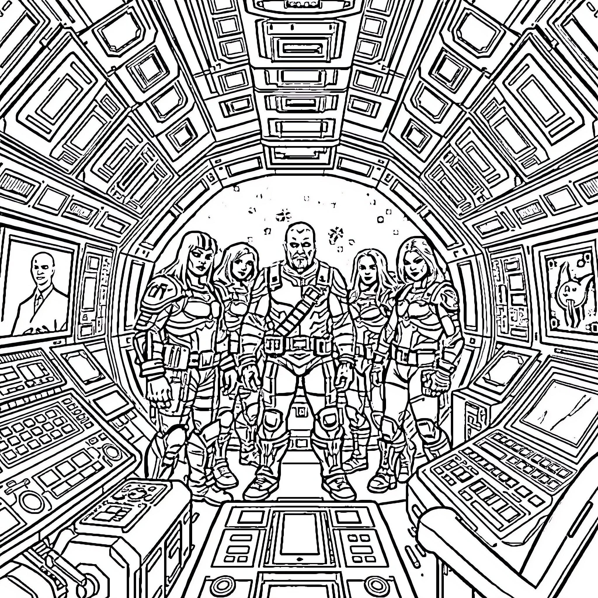 Guardian Superheroes Assembling in Futuristic Control Room Coloring Page (free black-and-white line drawing printable PDF for all, from beginners to advanced learners, including children, teens, adults, and seniors)