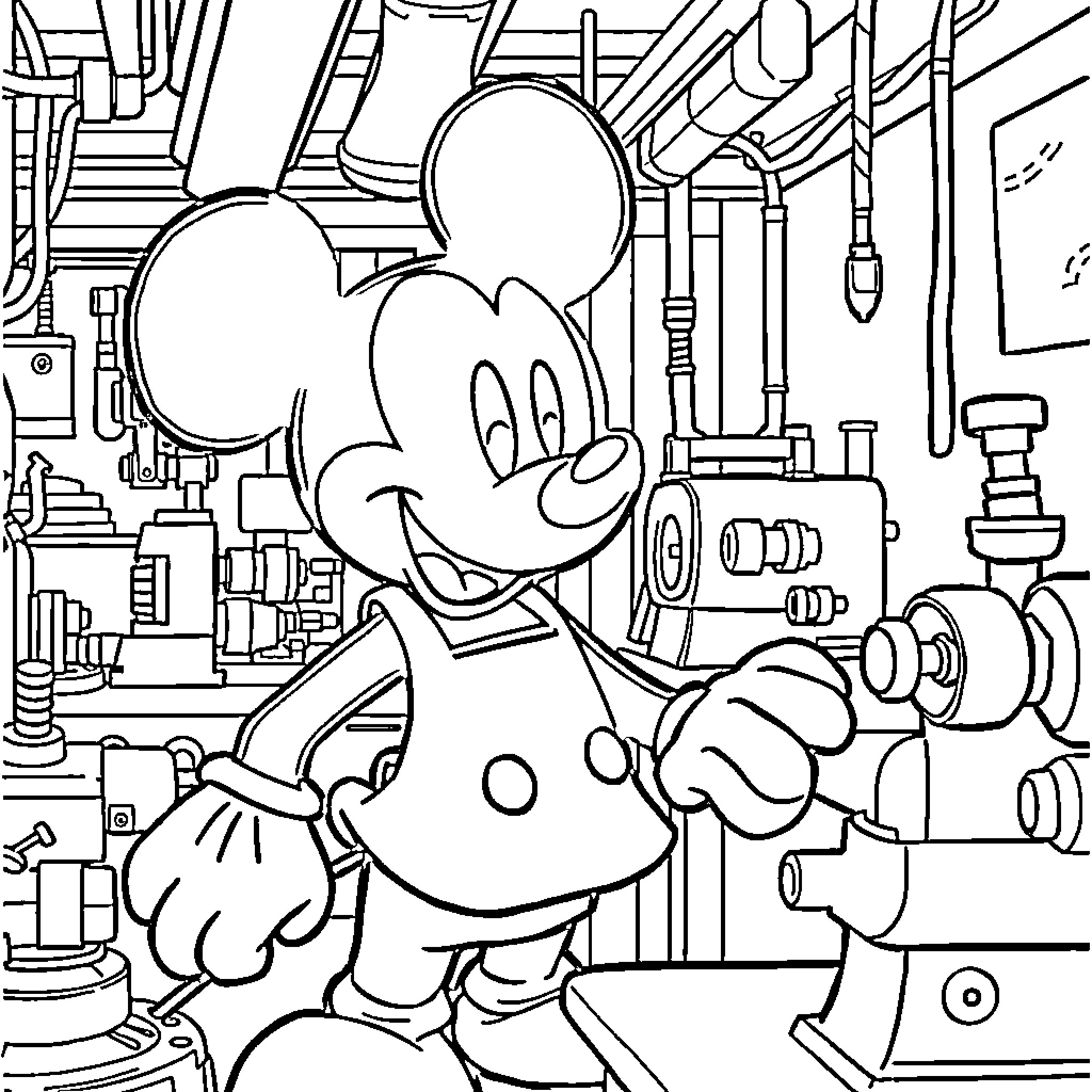Mickey Mouse in a Mechanical Workshop Coloring Page (free black-and-white line drawing printable PDF for all, from beginners to advanced learners, including children, teens, adults, and seniors)