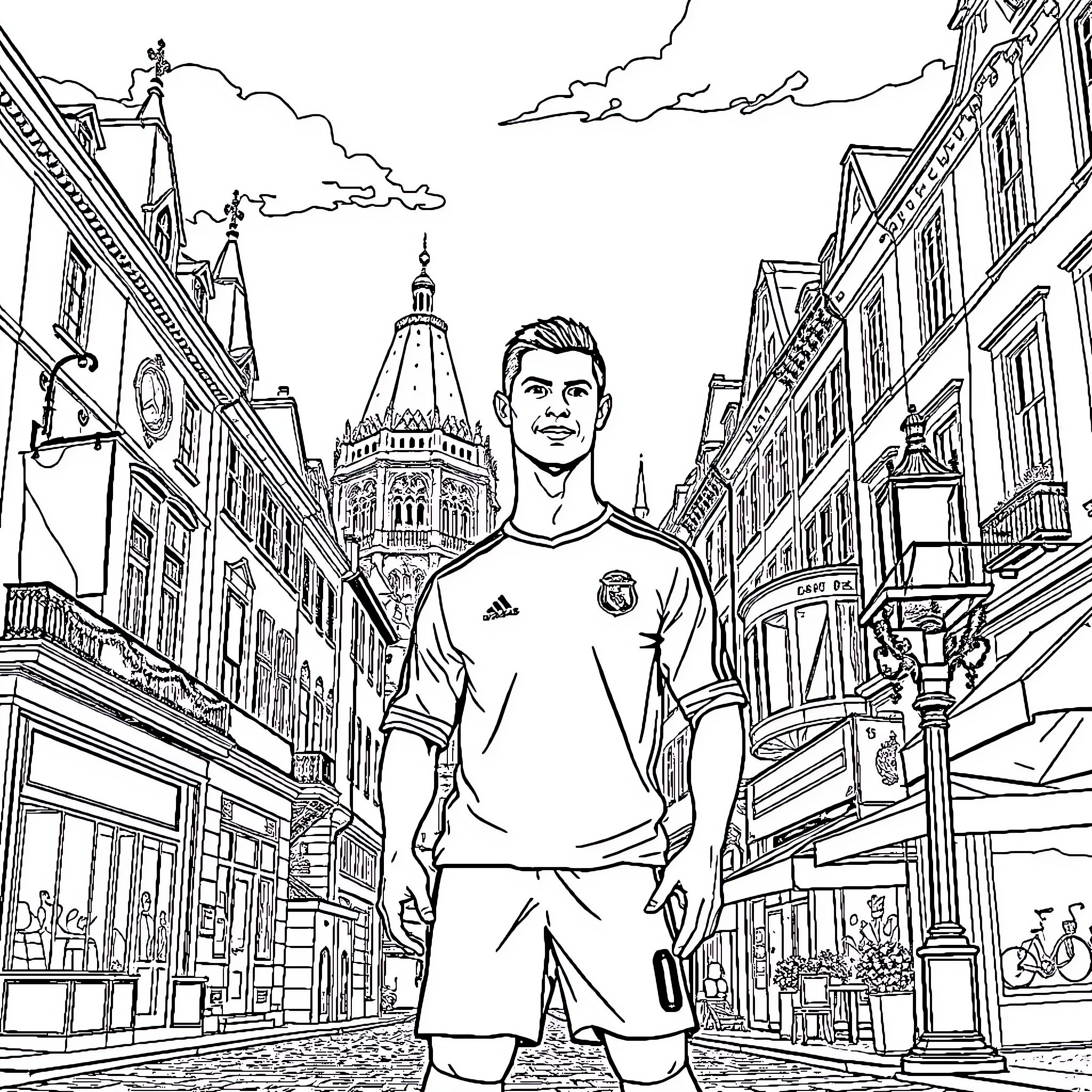 Cristiano Ronaldo standing tall in urban setting Coloring Page (free black-and-white line drawing printable PDF for all, from beginners to advanced learners, including children, teens, adults, and seniors)