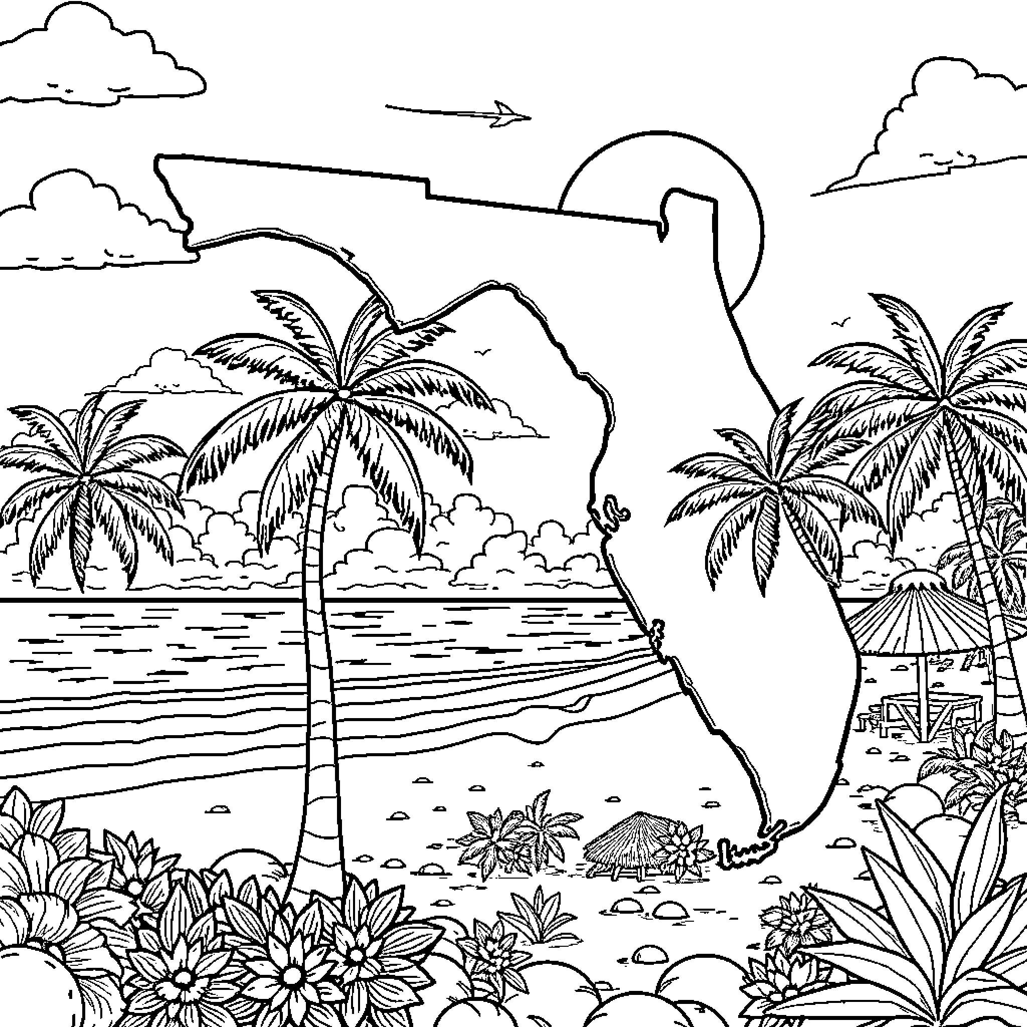 Florida Tropical Landscape with Palm Trees and Flowers Coloring Page (free black-and-white line drawing printable PDF for all, from beginners to advanced learners, including children, teens, adults, and seniors)