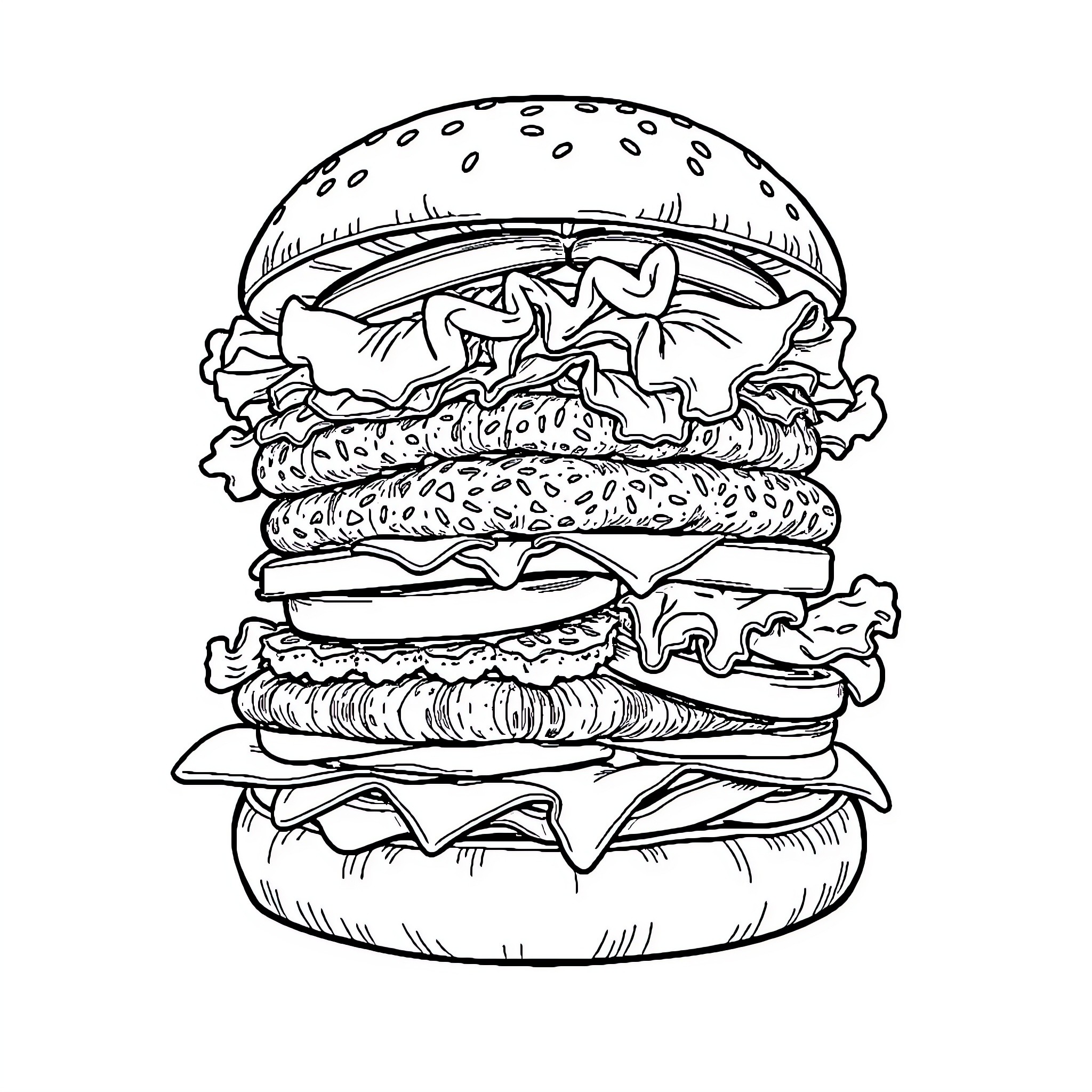 Burger filled with delectable ingredients Coloring Page (free black-and-white line drawing printable PDF for all, from beginners to advanced learners, including children, teens, adults, and seniors)