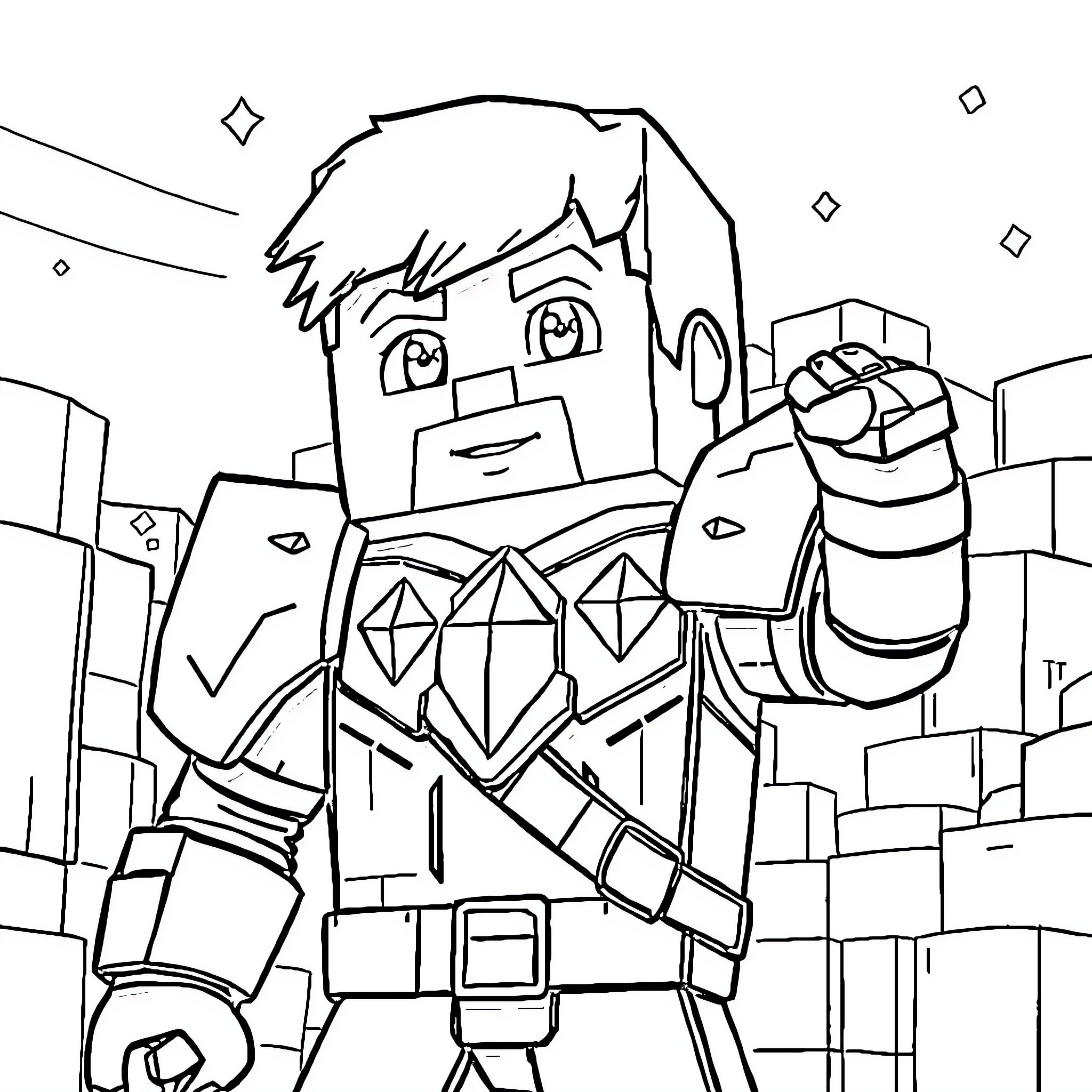 Steve's Superhero Pose in the Blocky City Coloring Page (free black-and-white line drawing printable PDF for all, from beginners to advanced learners, including children, teens, adults, and seniors)
