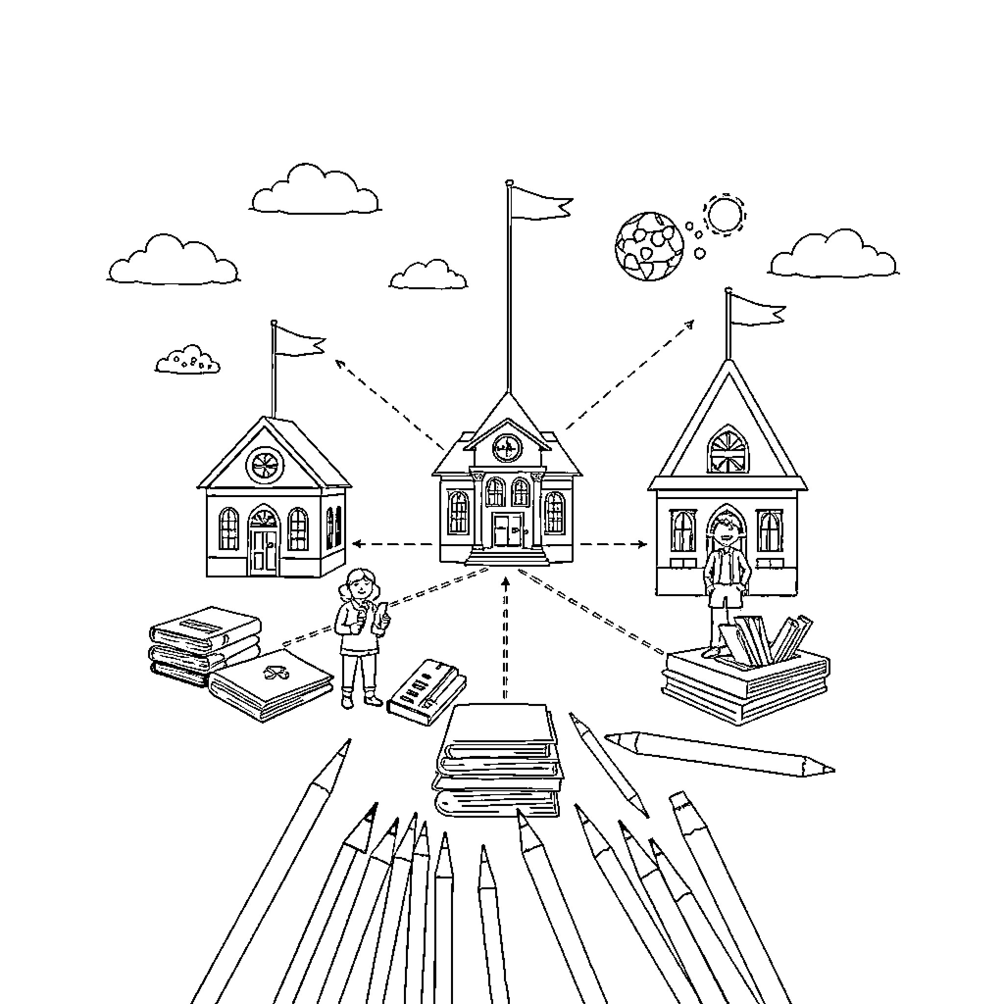 Teacher Instructing Students in Classroom Setting Coloring Page (free black-and-white line drawing printable PDF for all, from beginners to advanced learners, including children, teens, adults, and seniors)