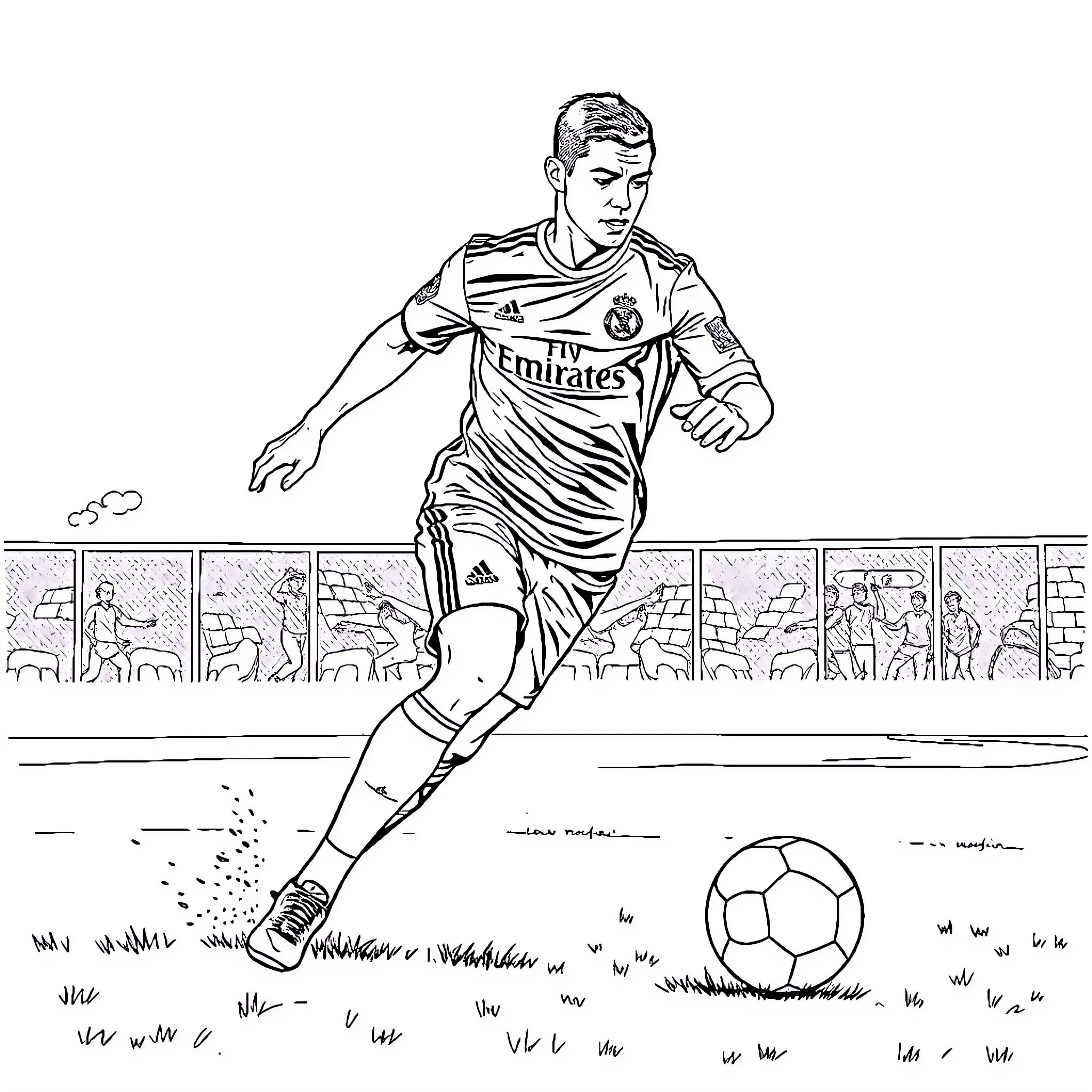 Cristiano Ronaldo kicking a soccer ball on the field Coloring Page (free black-and-white line drawing printable PDF for all, from beginners to advanced learners, including children, teens, adults, and seniors)