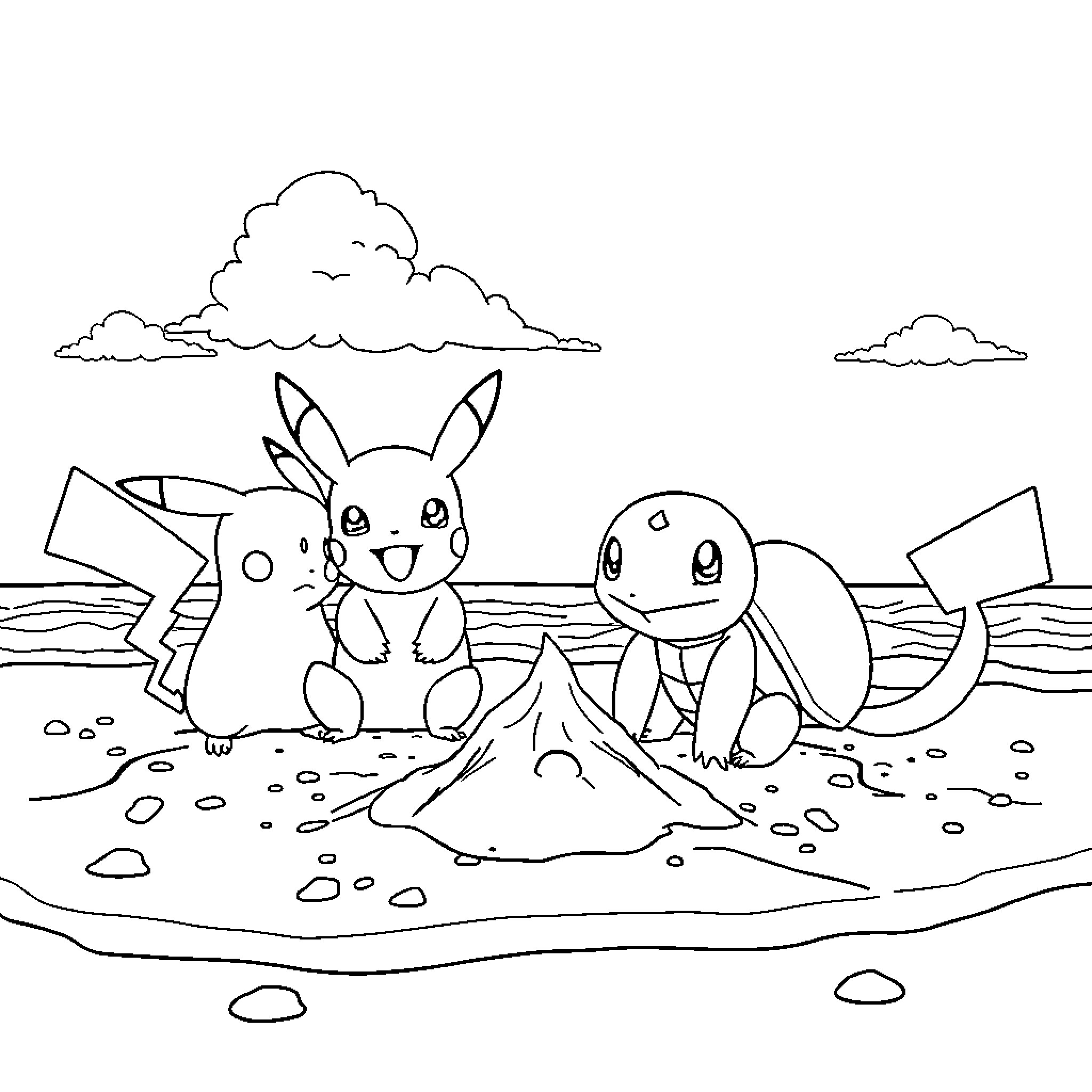 Pokémon enjoying a sunny day by the beach Coloring Page (free black-and-white line drawing printable PDF for all, from beginners to advanced learners, including children, teens, adults, and seniors)