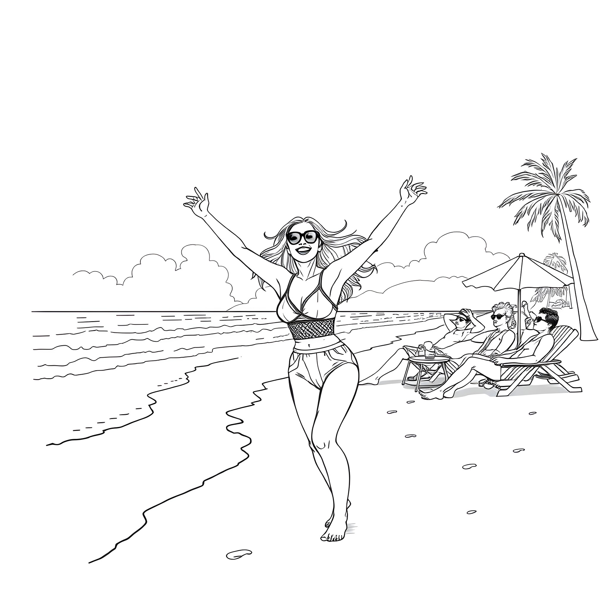 Bbw woman enjoying beach vacation with friends Coloring Page (free black-and-white line drawing printable PDF for all, from beginners to advanced learners, including children, teens, adults, and seniors)
