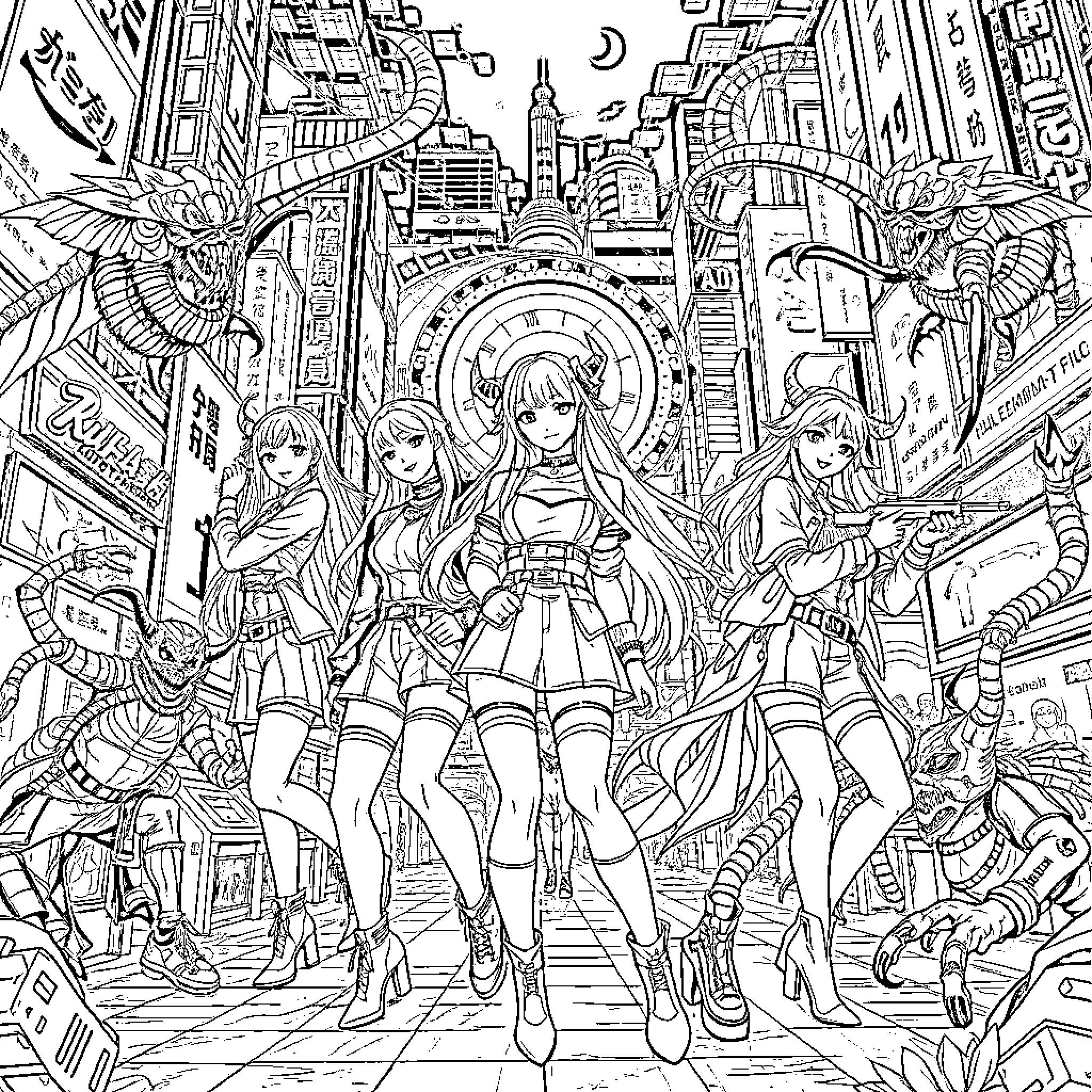 Demon Hunter Warriors Defend the City Coloring Page (free black-and-white line drawing printable PDF for all, from beginners to advanced learners, including children, teens, adults, and seniors)