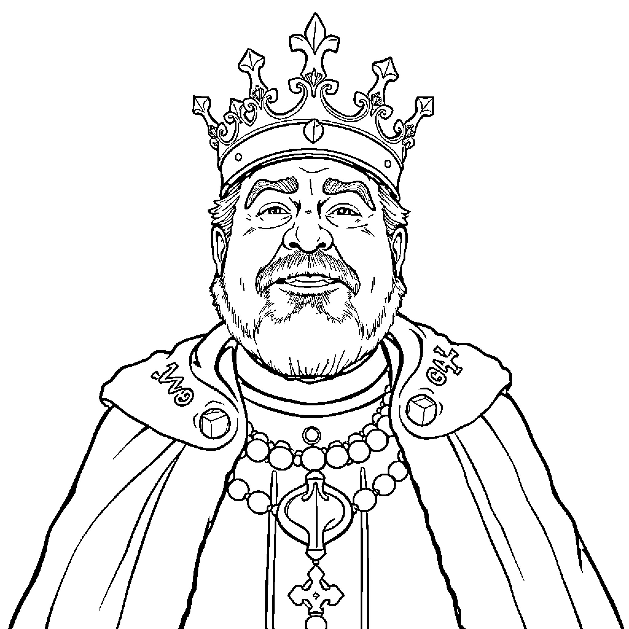 Danny DeVito as regal royal in ornate crown and regalia Coloring Page (free black-and-white line drawing printable PDF for all, from beginners to advanced learners, including children, teens, adults, and seniors)