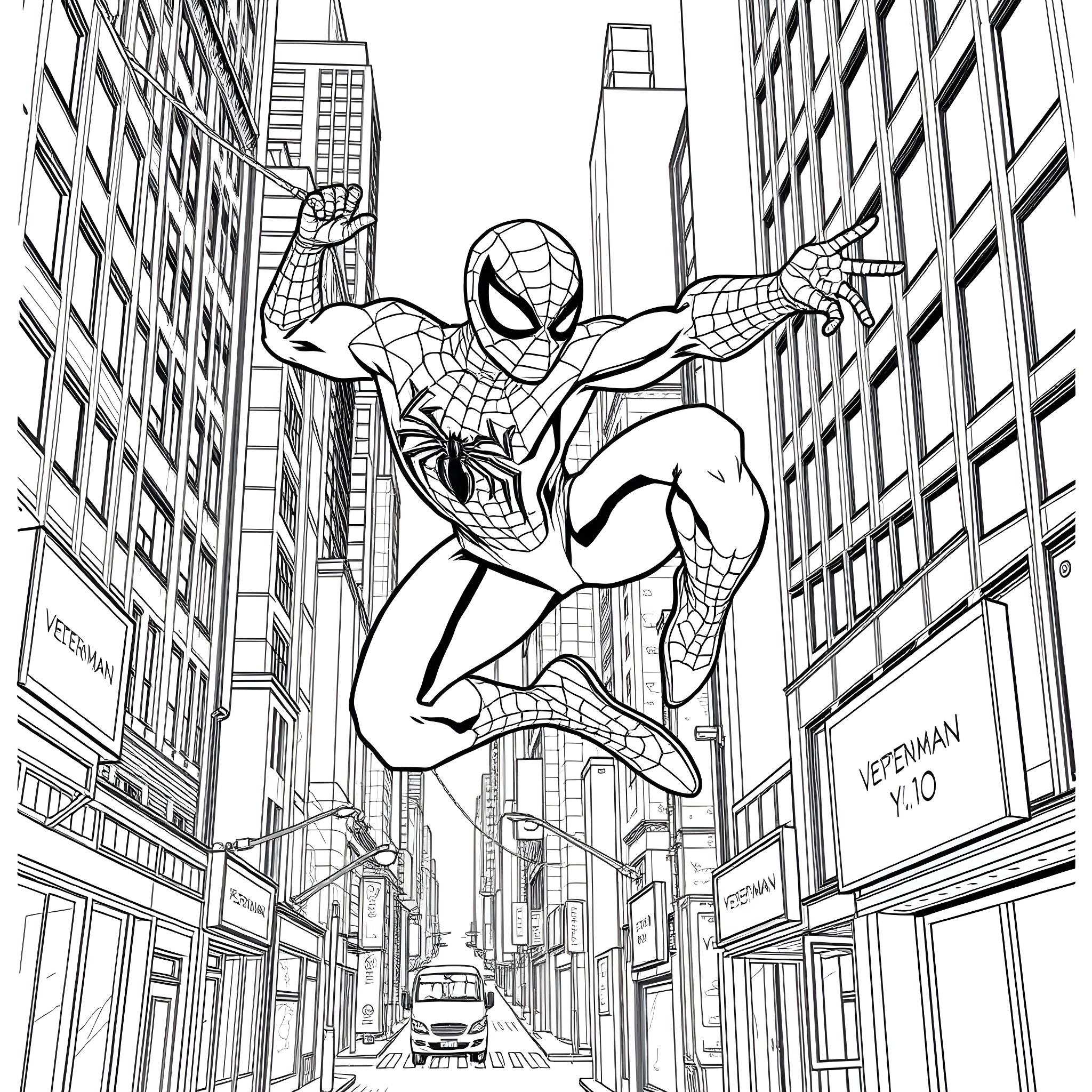 Spiderman swinging through the city streets Coloring Page (free black-and-white line drawing printable PDF for all, from beginners to advanced learners, including children, teens, adults, and seniors)