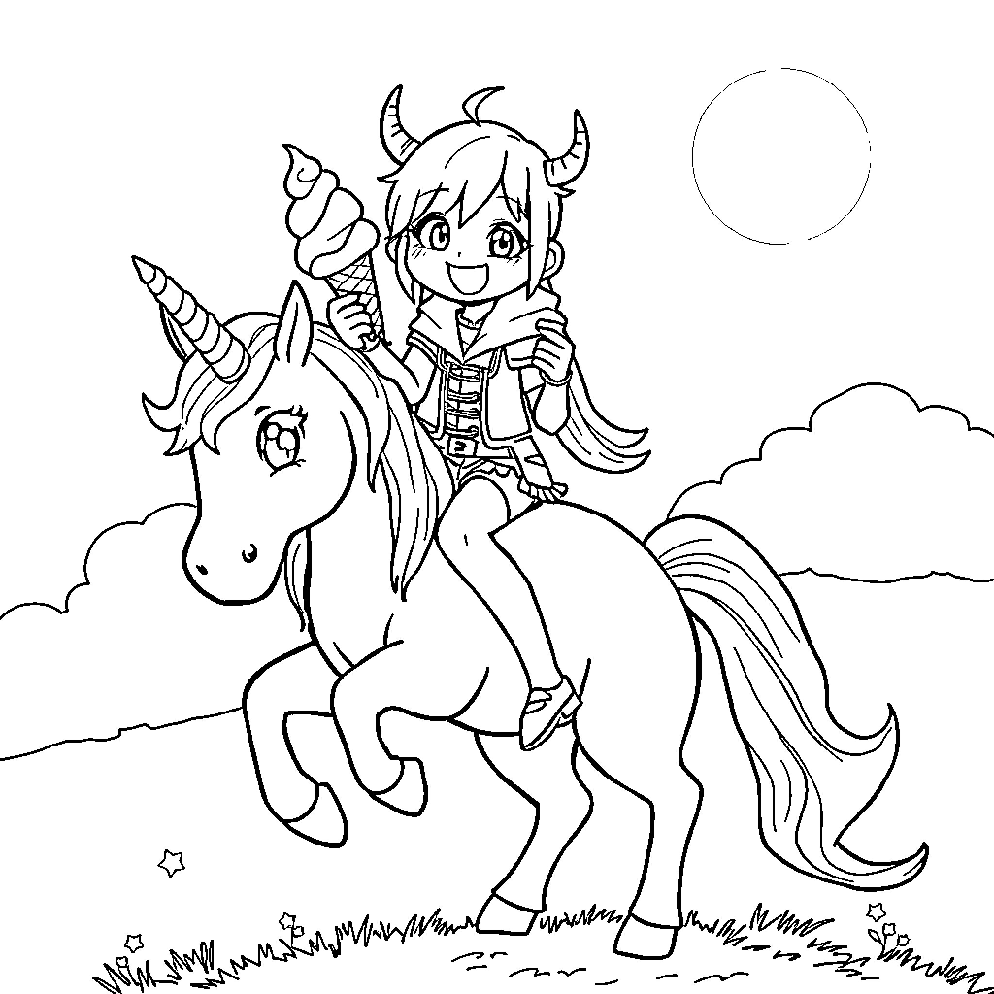 Rumi riding a magical unicorn through a whimsical landscape Coloring Page (free black-and-white line drawing printable PDF for all, from beginners to advanced learners, including children, teens, adults, and seniors)