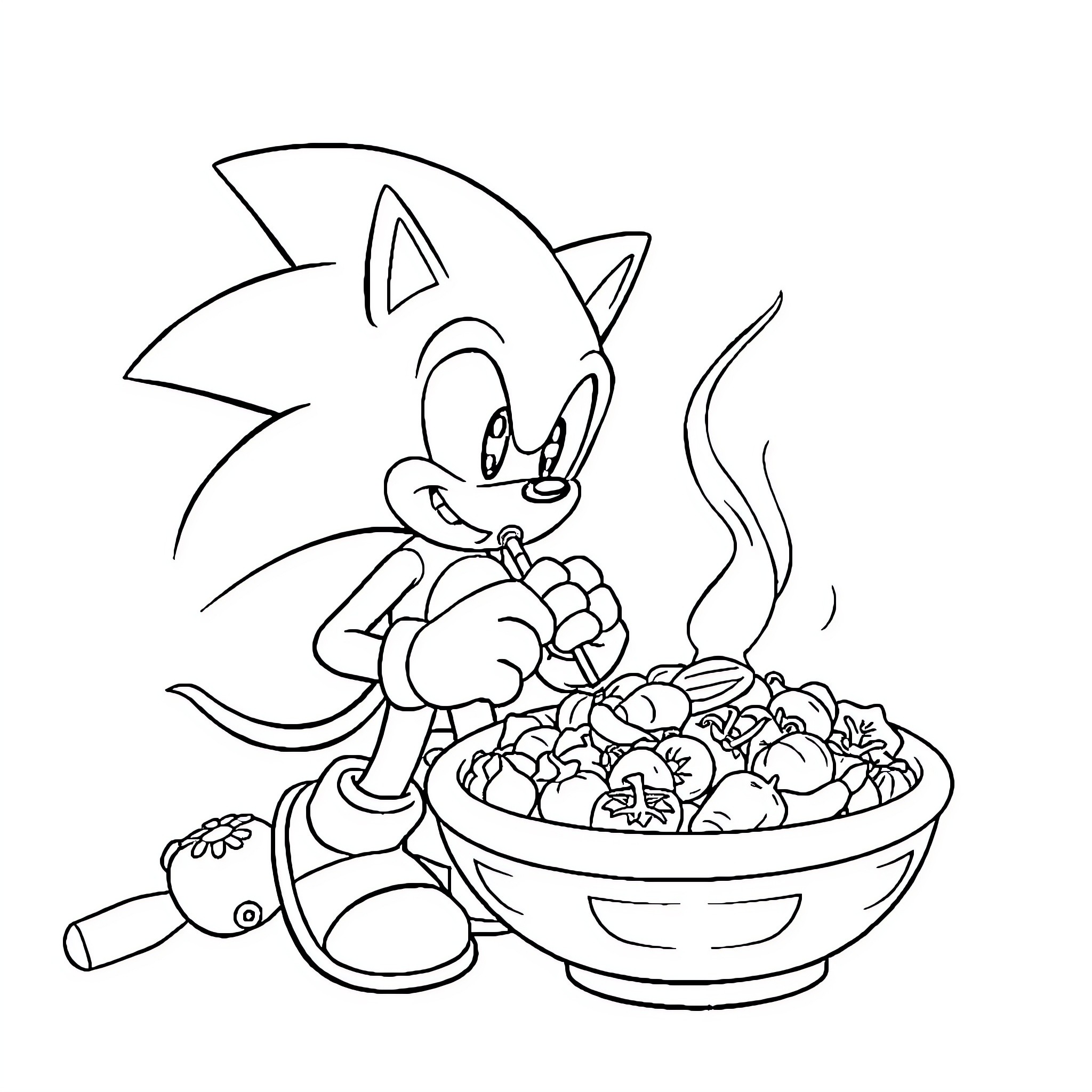 Sonic enjoying a hearty meal of chili dogs Coloring Page (free black-and-white line drawing printable PDF for all, from beginners to advanced learners, including children, teens, adults, and seniors)
