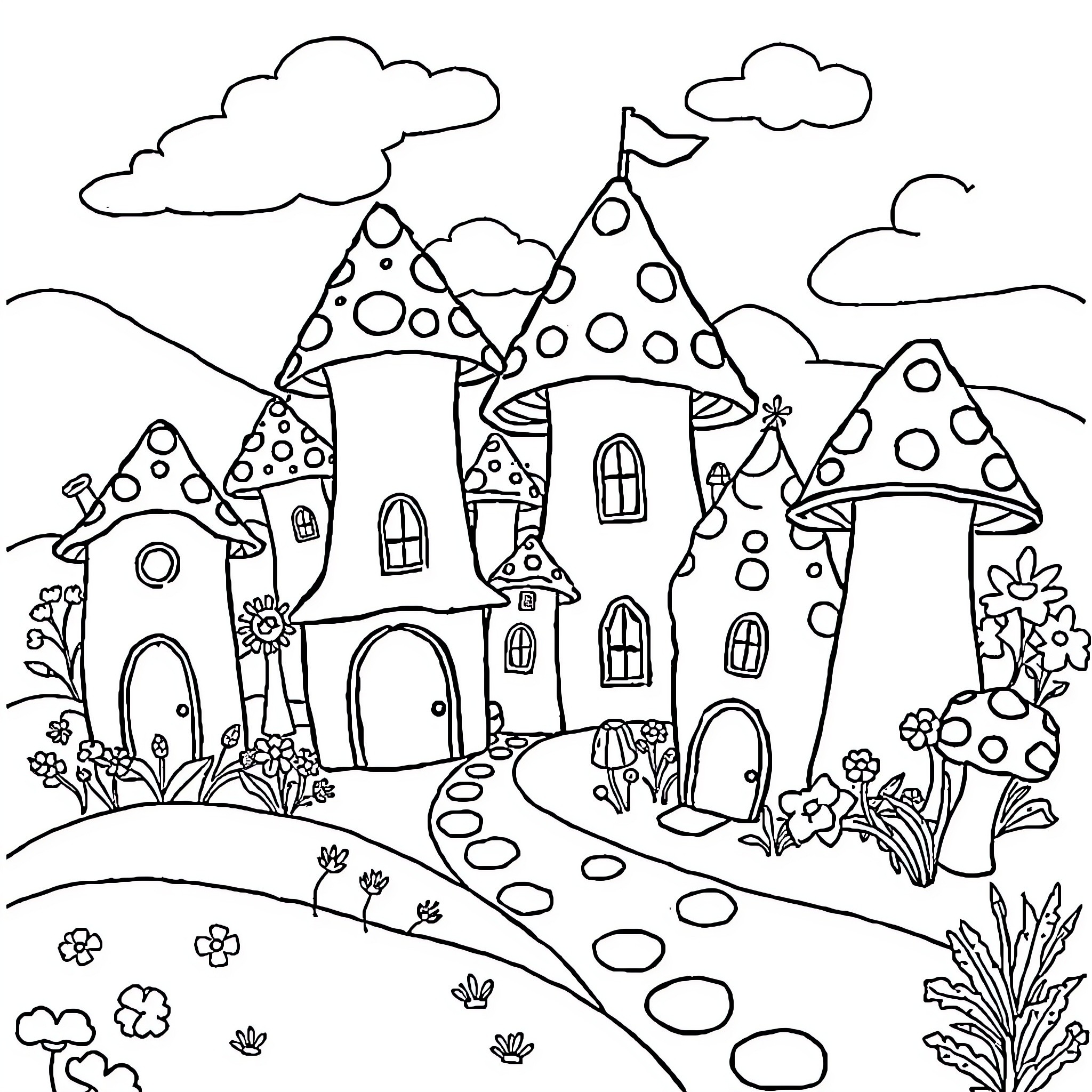 Mushroom houses and whimsical landscape Coloring Page (free black-and-white line drawing printable PDF for all, from beginners to advanced learners, including children, teens, adults, and seniors)
