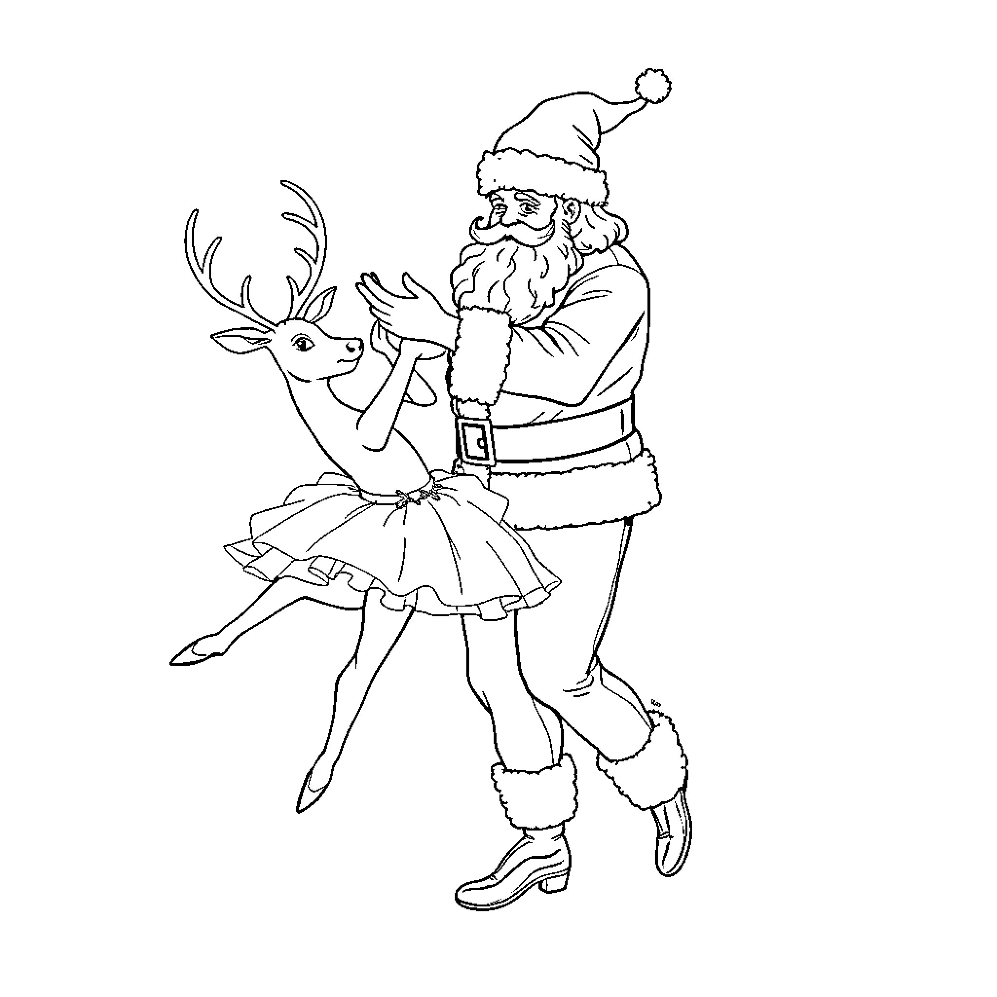 Santa Dancing with Reindeer in Festive Outfit Coloring Page (free black-and-white line drawing printable PDF for all, from beginners to advanced learners, including children, teens, adults, and seniors)
