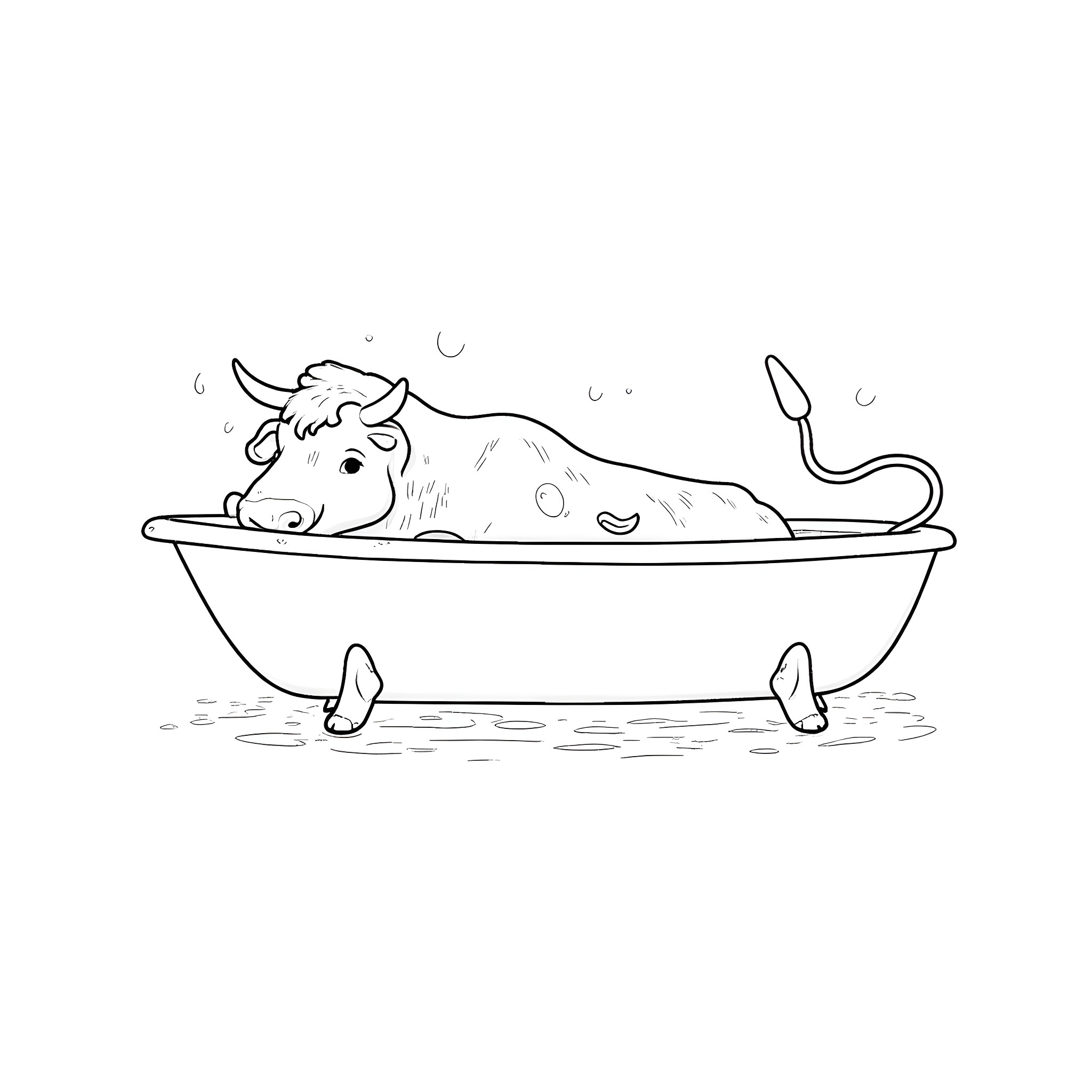 Cow relaxing in a bathtub Coloring Page (free black-and-white line drawing printable PDF for all, from beginners to advanced learners, including children, teens, adults, and seniors)