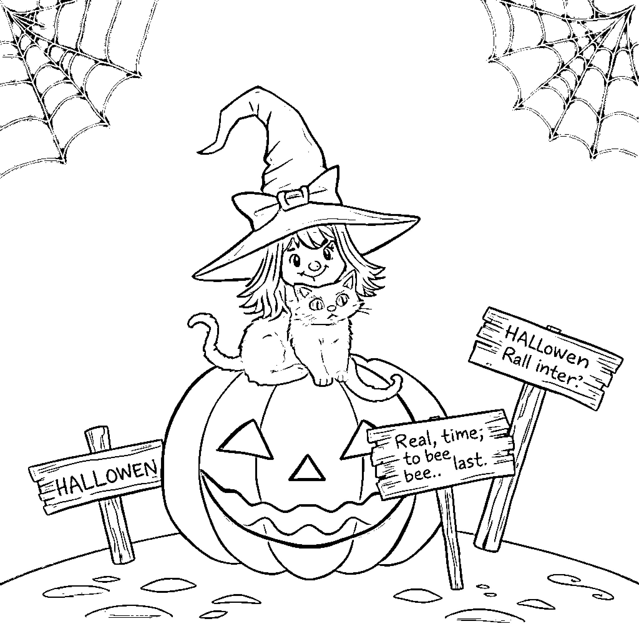 Witch's Spooky Halloween Adventure Coloring Page (free black-and-white line drawing printable PDF for all, from beginners to advanced learners, including children, teens, adults, and seniors)