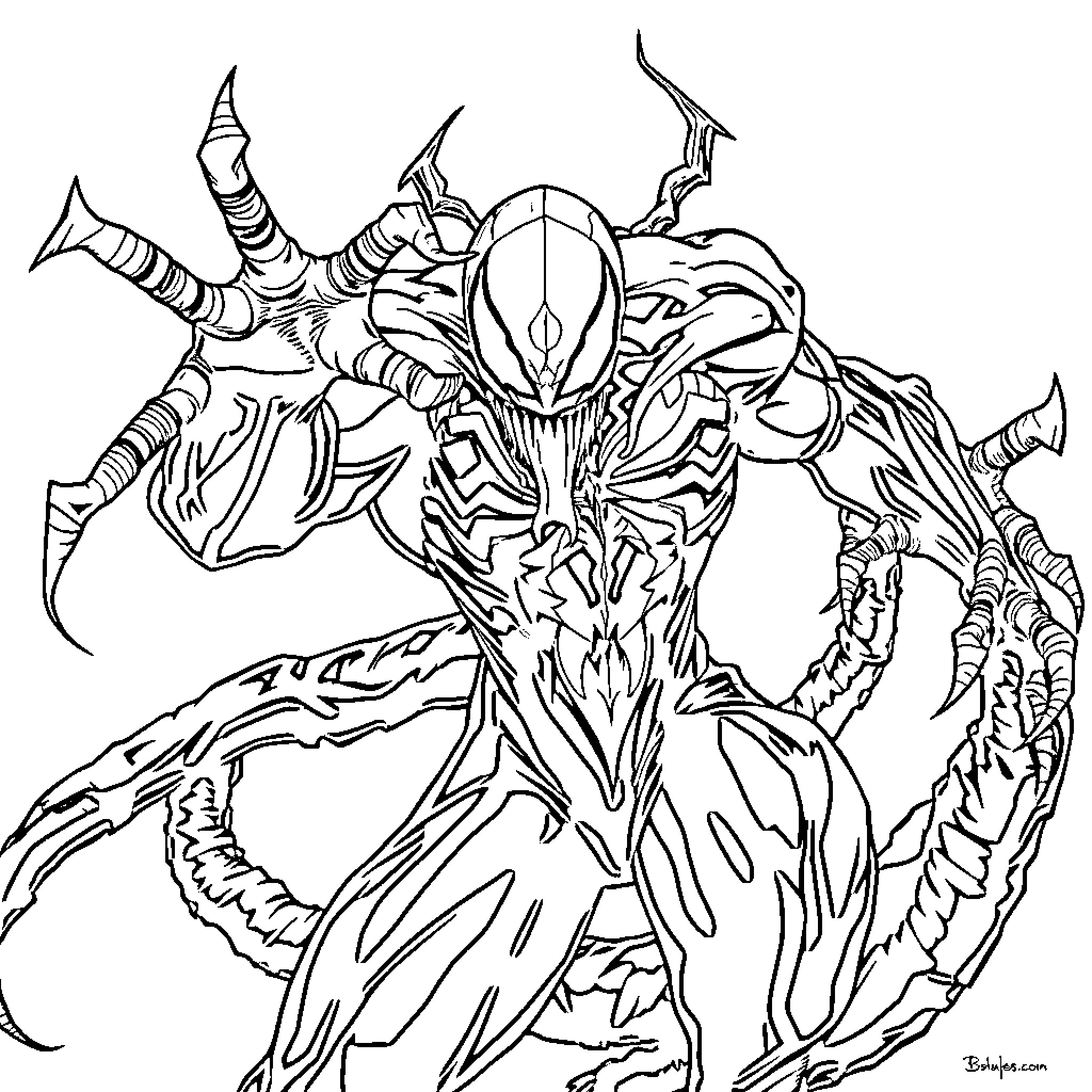 Carnage of a Fearsome Alien Creature Coloring Page (free black-and-white line drawing printable PDF for all, from beginners to advanced learners, including children, teens, adults, and seniors)