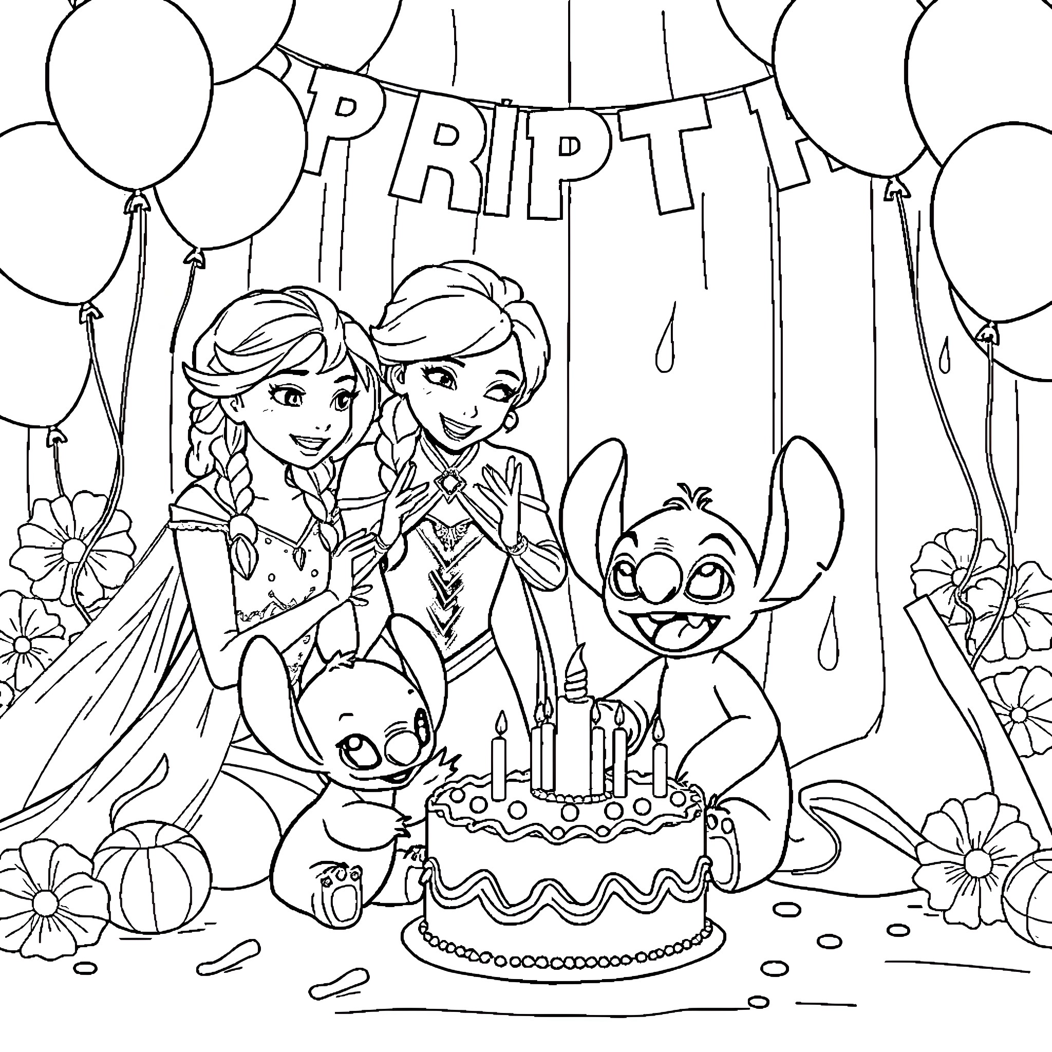 Anna's Birthday Celebration with Friends Coloring Page (free black-and-white line drawing printable PDF for all, from beginners to advanced learners, including children, teens, adults, and seniors)