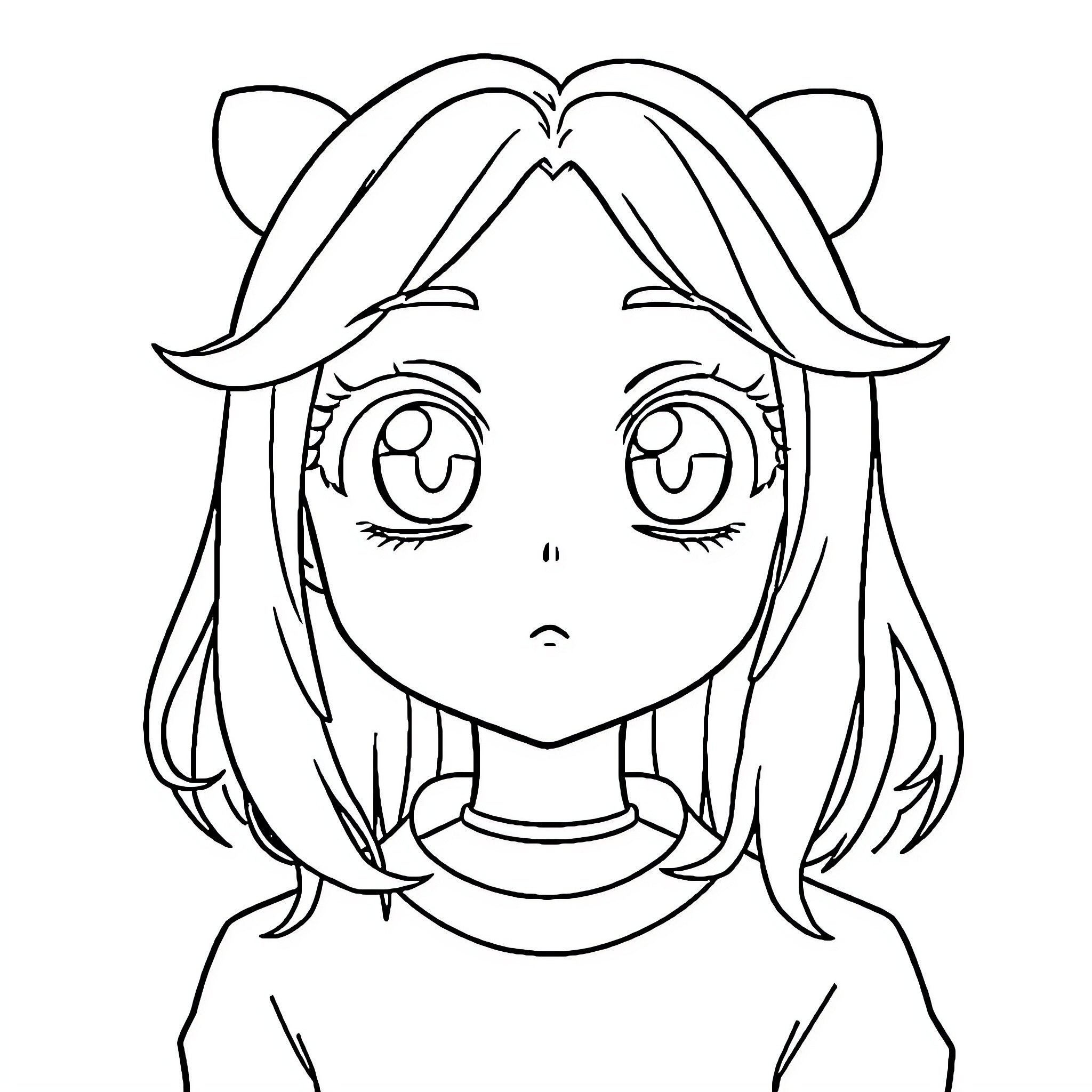 Anime girl with large eyes and curly hairstyle Coloring Page (free black-and-white line drawing printable PDF for all, from beginners to advanced learners, including children, teens, adults, and seniors)