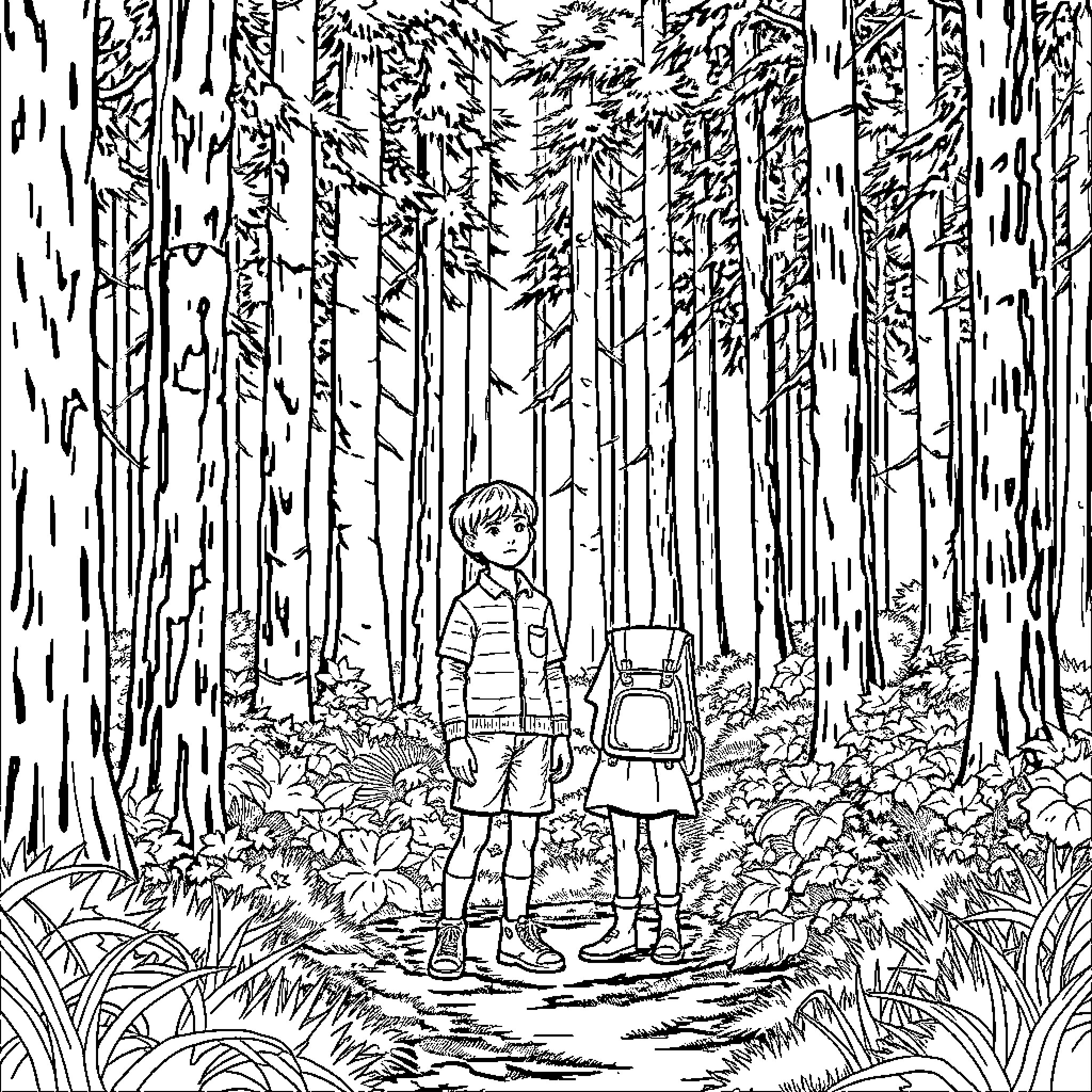Eleven's Adventures in the Enchanted Forest Coloring Page (free black-and-white line drawing printable PDF for all, from beginners to advanced learners, including children, teens, adults, and seniors)